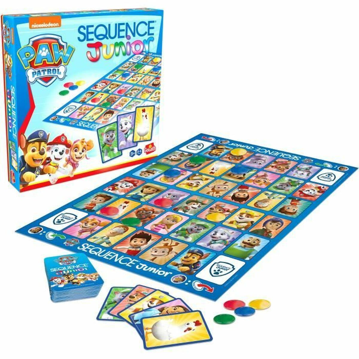 Juego Sequence Junior de Paw Patrol con cartas, tablero, fichas y caja.