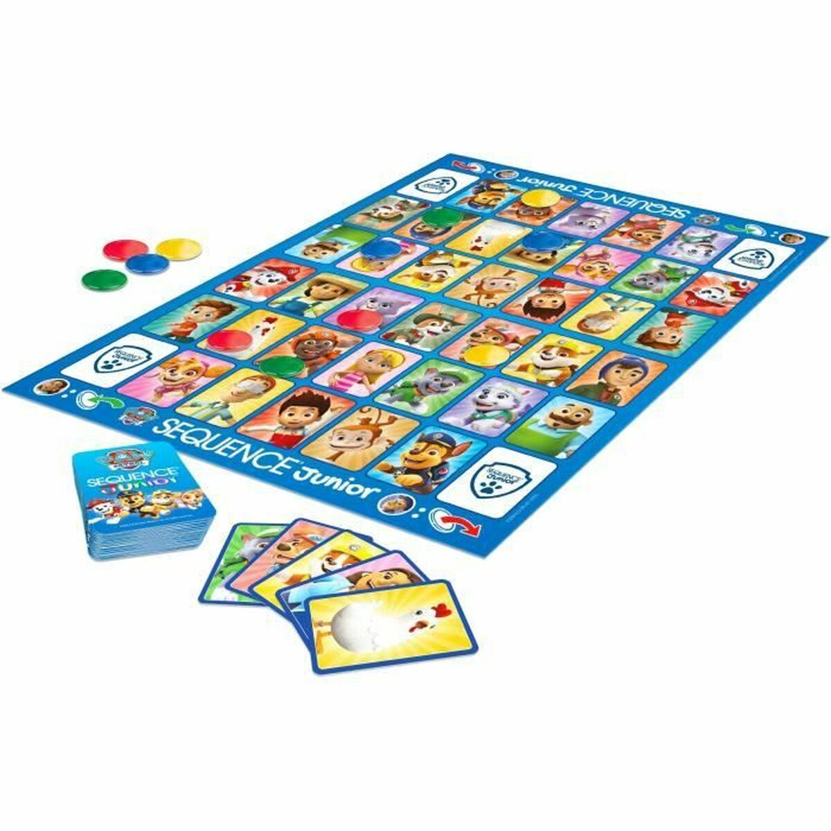 Tablero del juego Sequence Junior de Paw Patrol con cartas, fichas y caja.