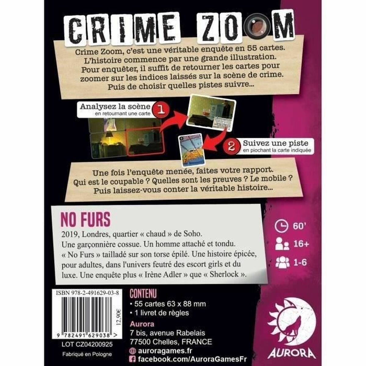 Rückseite der Brettspielbox, Text und Illustrationen. Das Spiel heißt 'CRIME ZOOM'. Weißer Hintergrund.