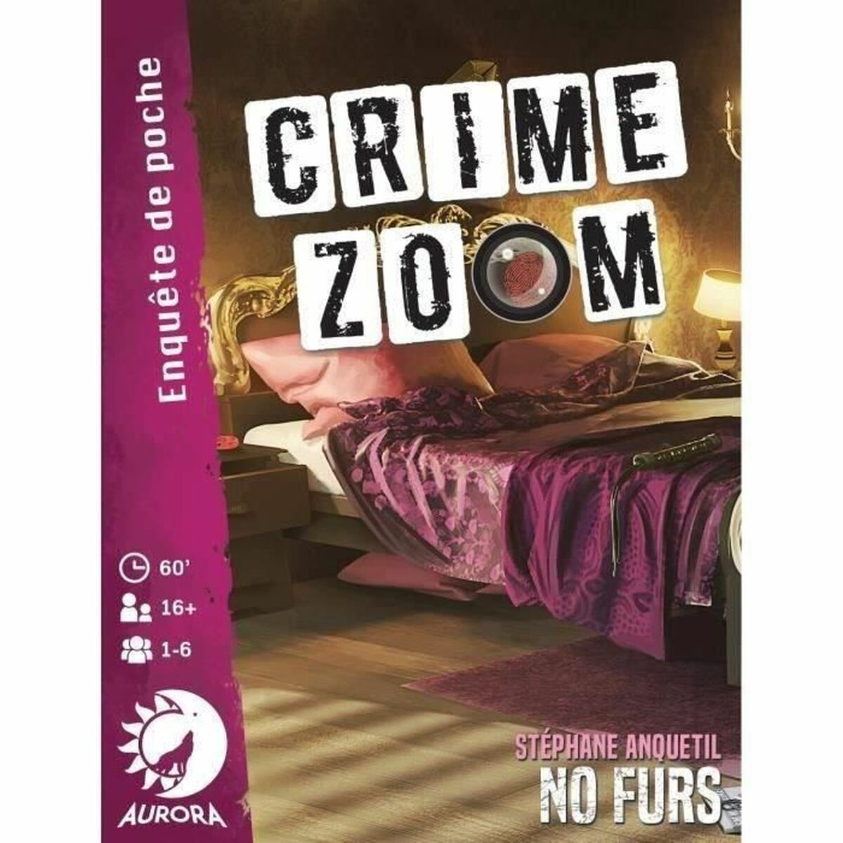 Crime Zoom Brettspielbox mit Schlafzimmer mit lila Bettdecke.