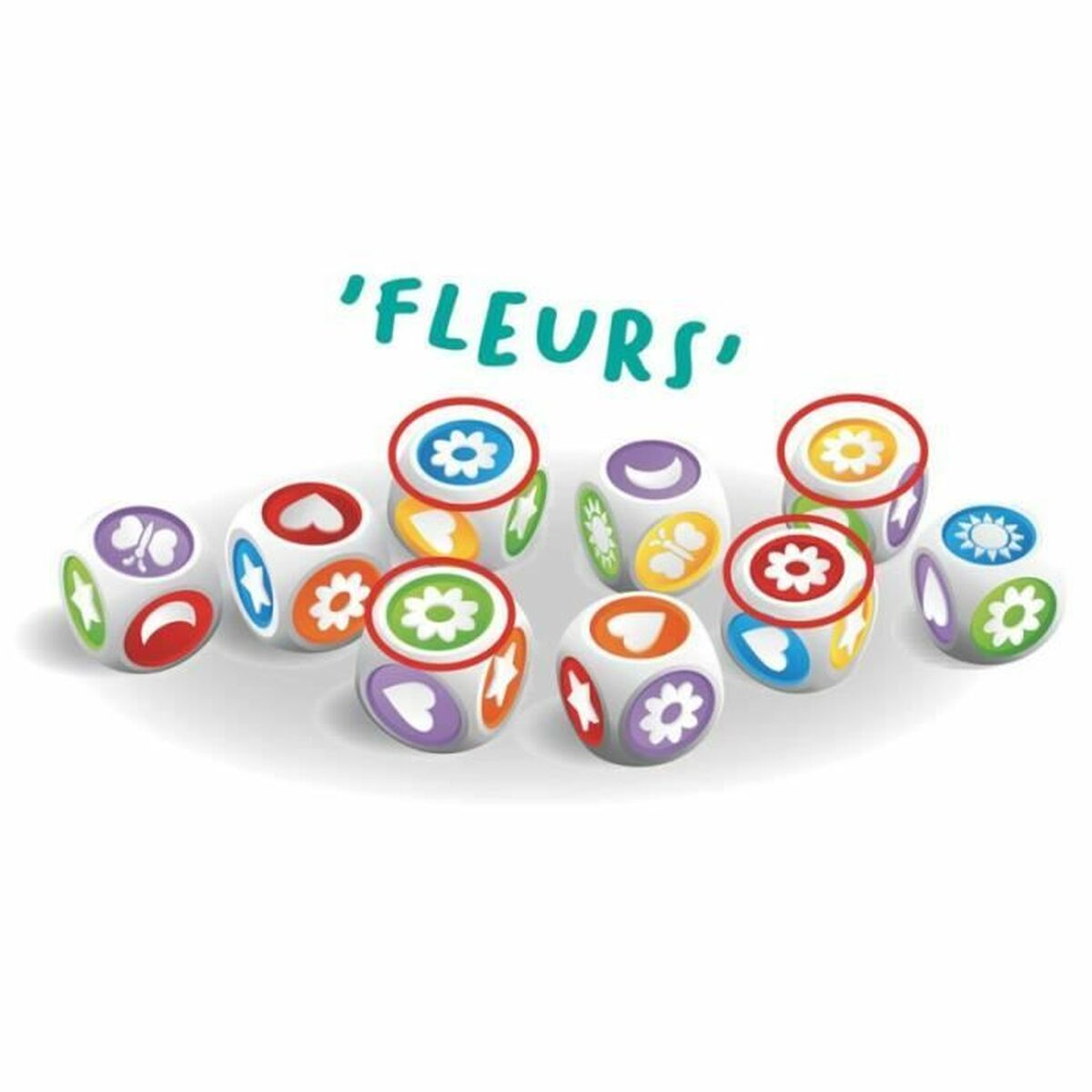 Zehn bunte Würfel mit Blumen und anderen Formen auf jeder Seite auf weißem Hintergrund.