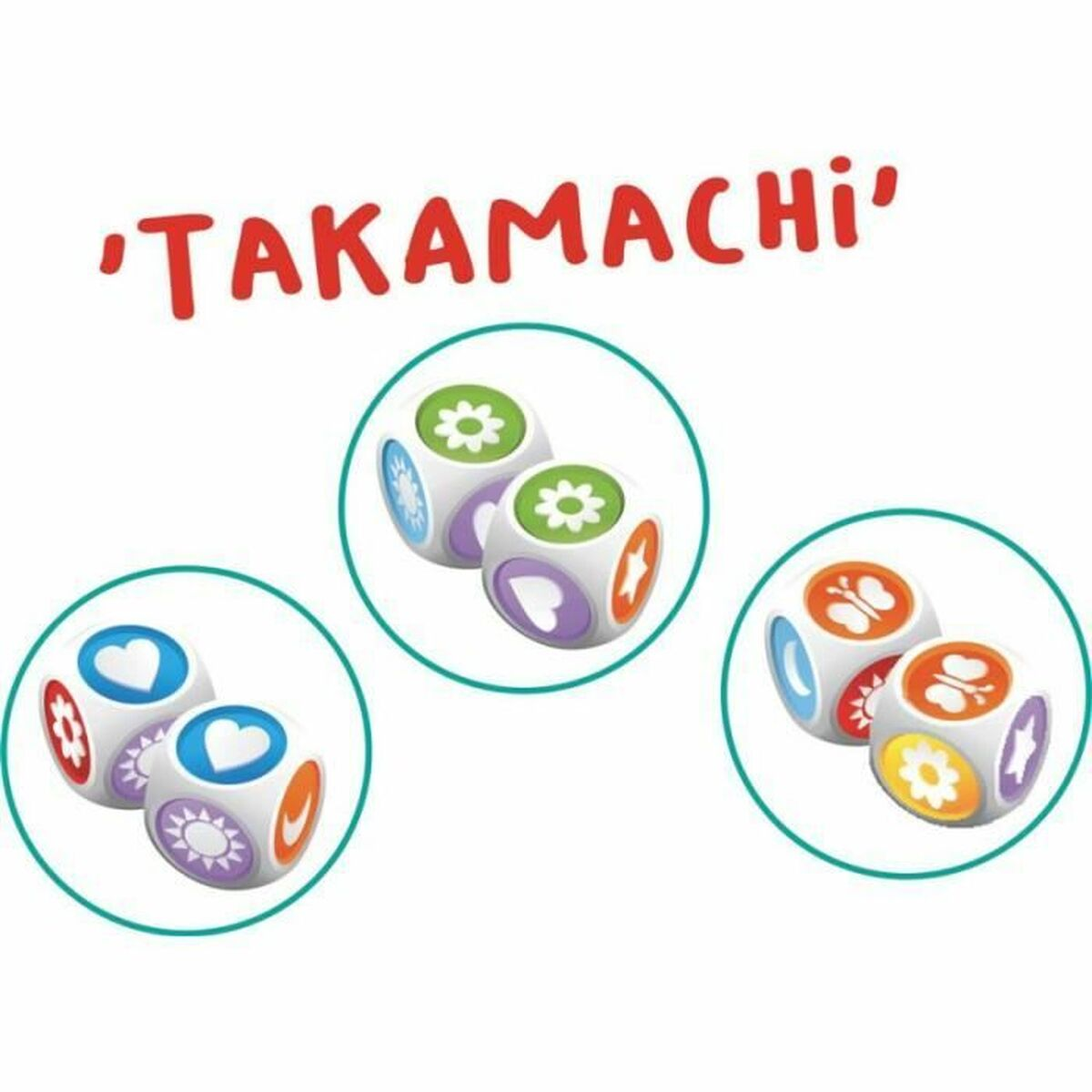 Drei Würfelsets mit unterschiedlich farbigen Symbolen. Das Wort 'TAKAMACHI' steht darüber.