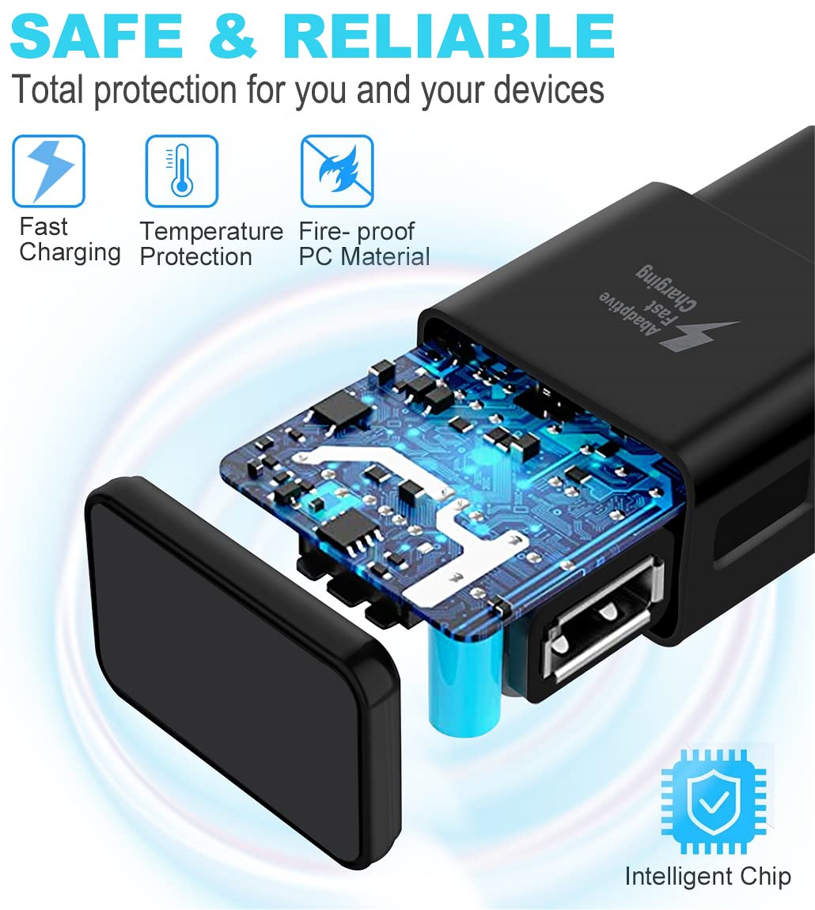 Schwarzes Ladegerät mit USB-Anschluss und Platine. Symbole zeigen Funktionen. Blauer Hintergrund.