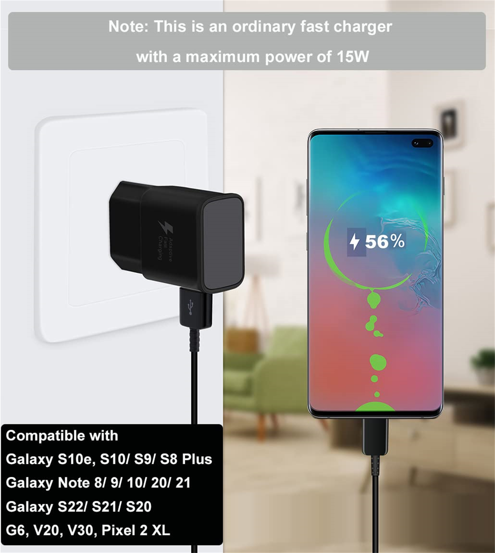 Ein schwarzes Ladegerät mit Kabel ist an einer Steckdose angeschlossen, ein Telefon zeigt Laden.