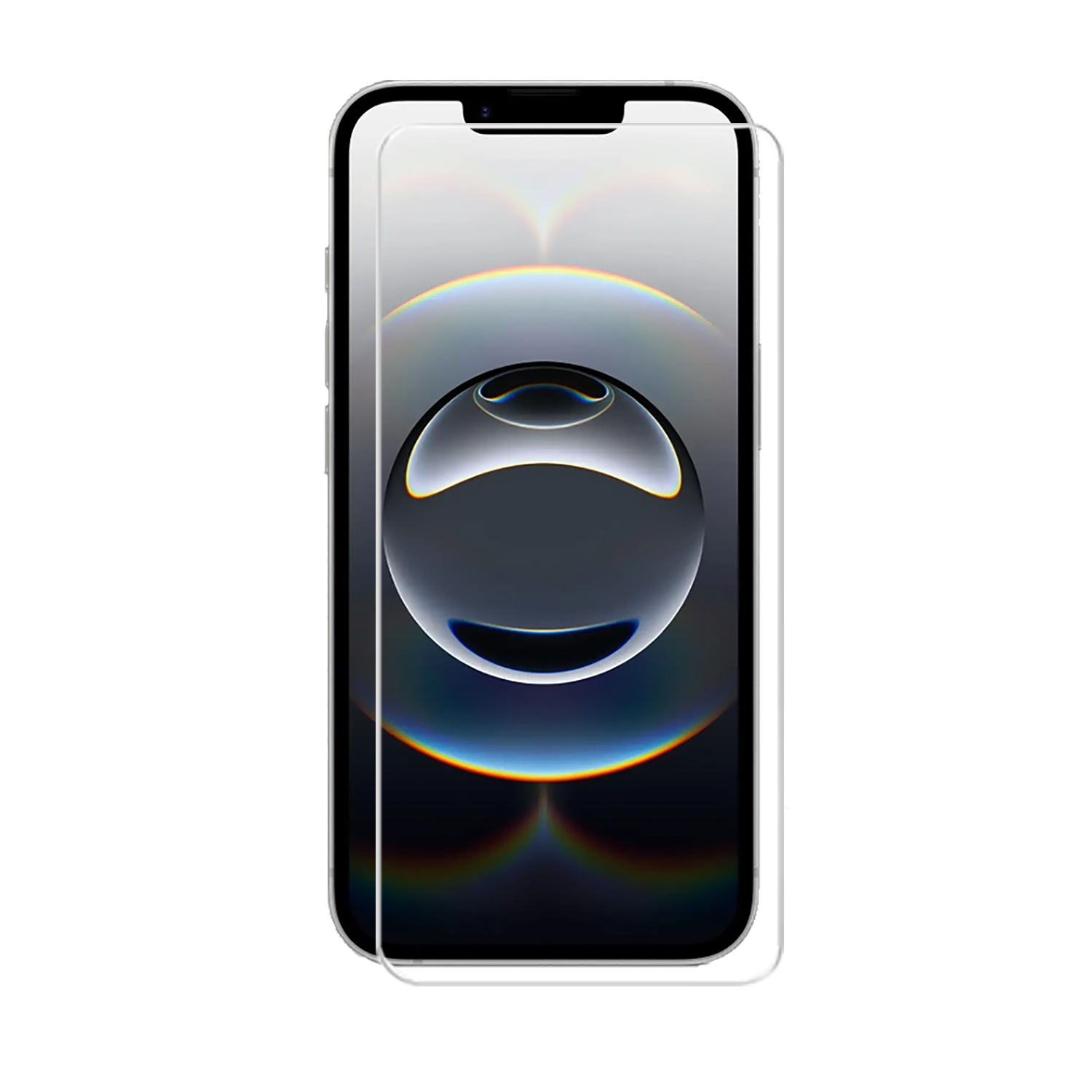Een telefoon met een schermbeschermer. Het scherm staat aan. Witte achtergrond.