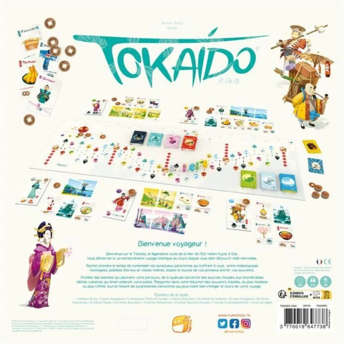 Eine Brettspielbox 'Tokaido' zeigt eine Spielszene mit Charakteren und einer Route.