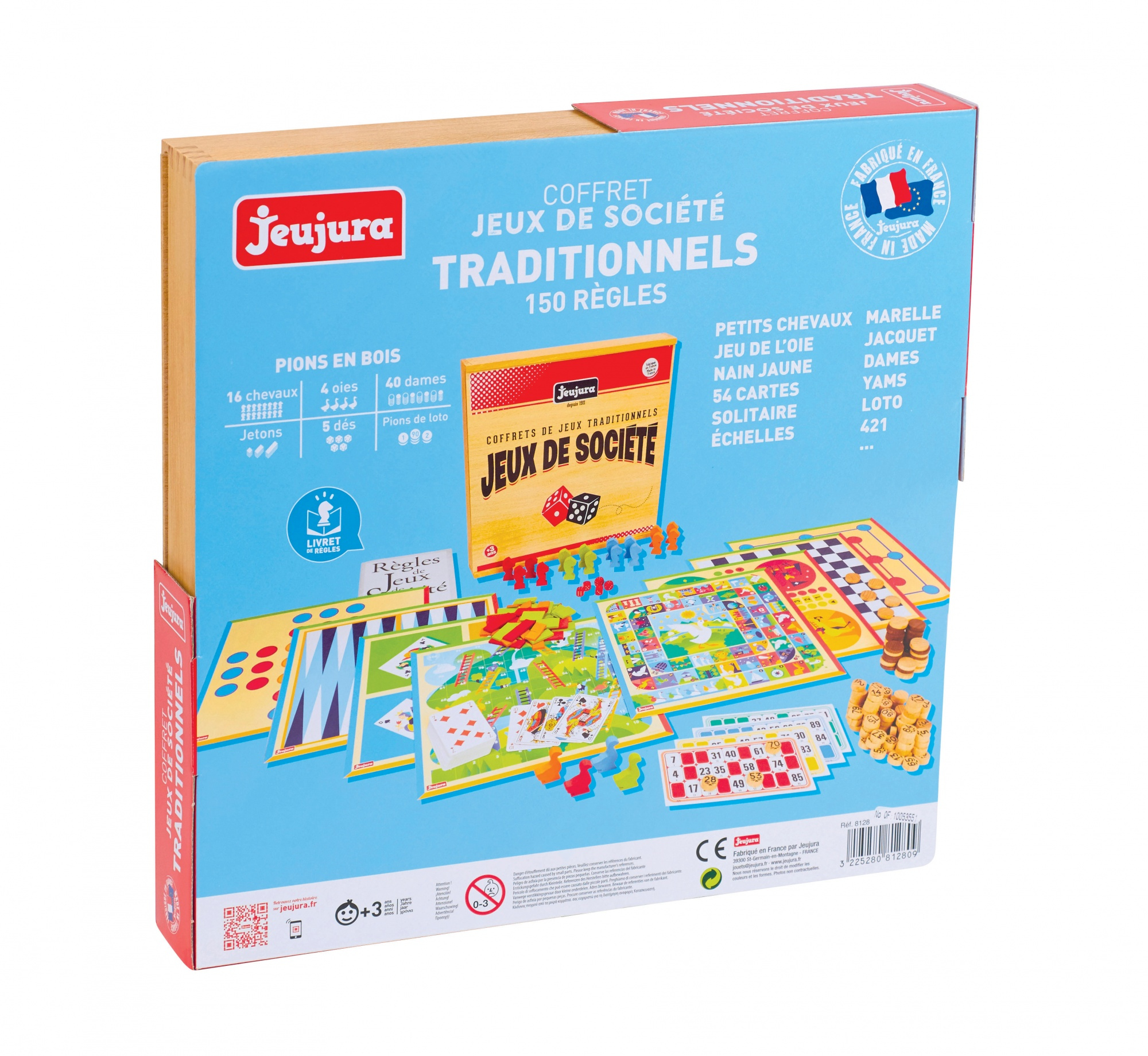 Pudełko gry planszowej z tekstem i elementami gry. Pudełko jest jasnoniebieskie ze szczegółami gry.