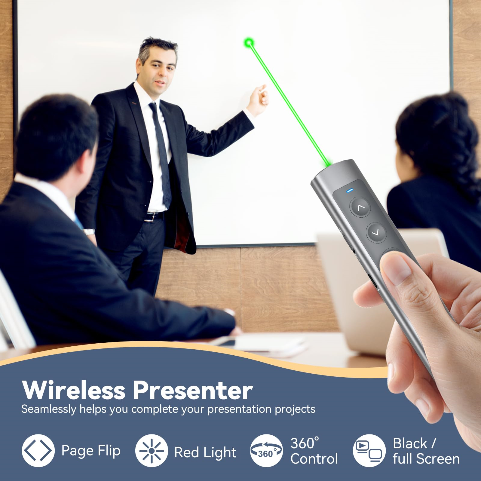 Mann präsentiert mit Laserpointer auf Leinwand. Ein kabelloser Präsentator im Vordergrund.