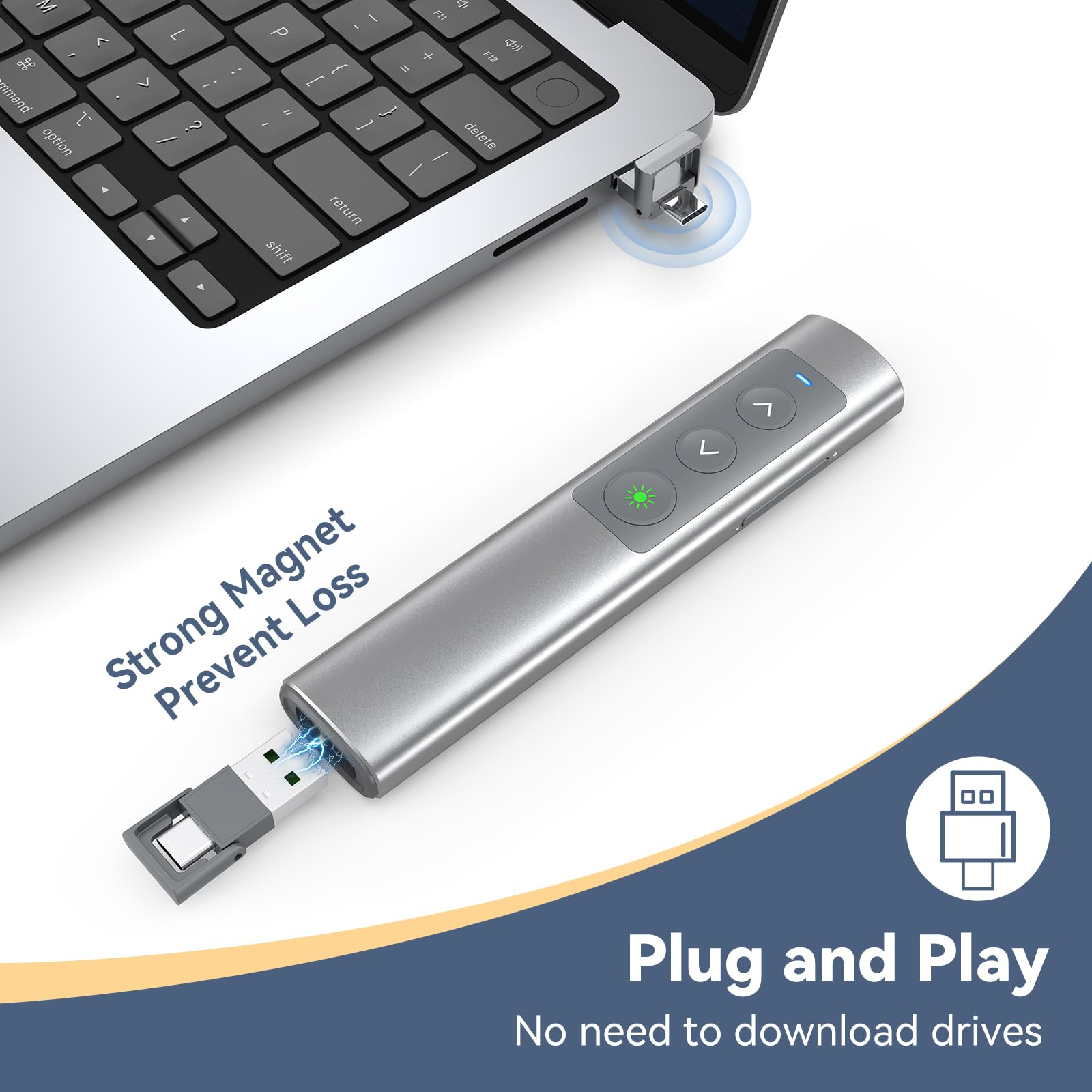 Silberne Präsentationsfernbedienung an einem Laptop angeschlossen. Die Fernbedienung hat Knöpfe. Der USB-Teil ist eingesteckt.