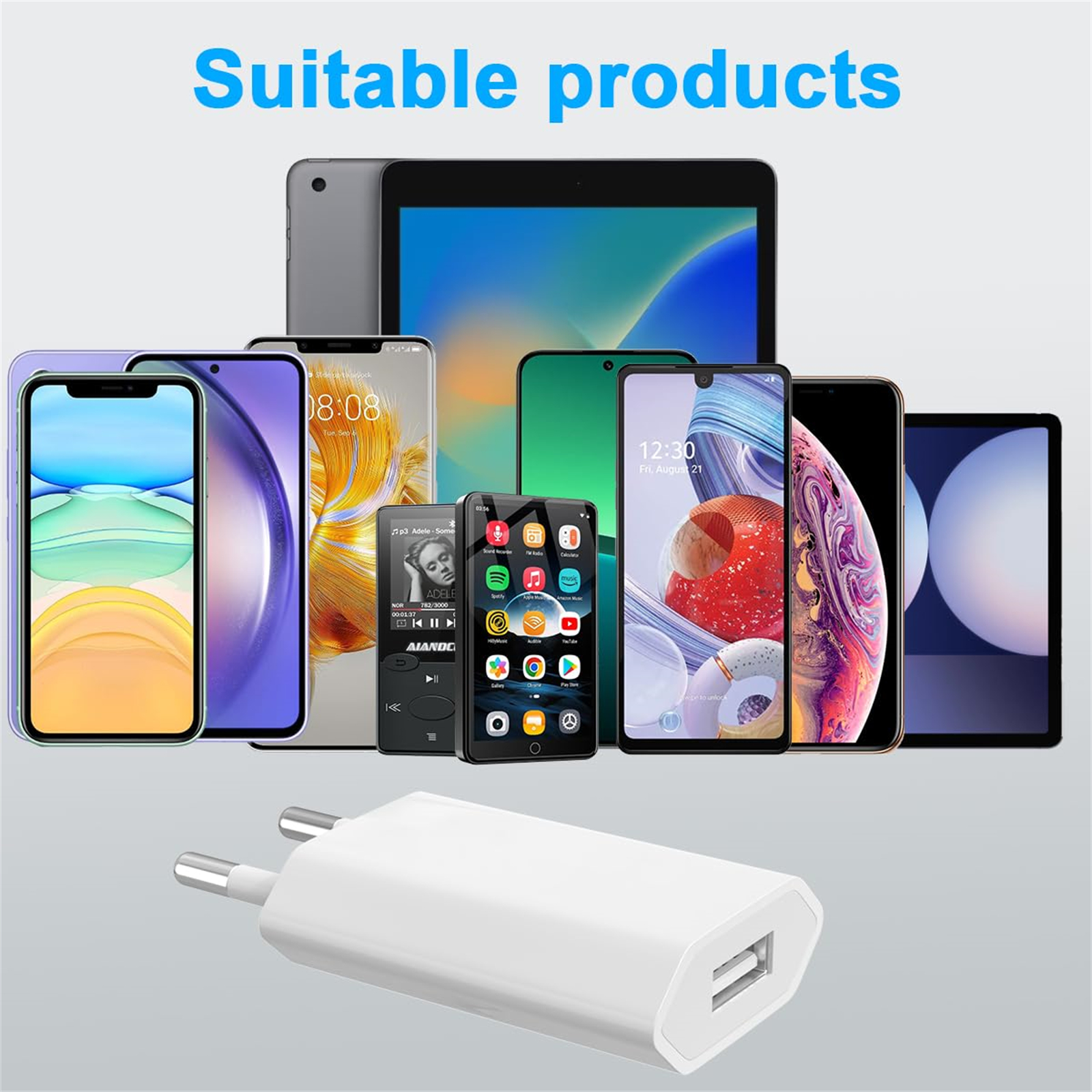 Verschiedene Smartphones und Tablets mit einem weißen Ladegerät. Produktwerbung.