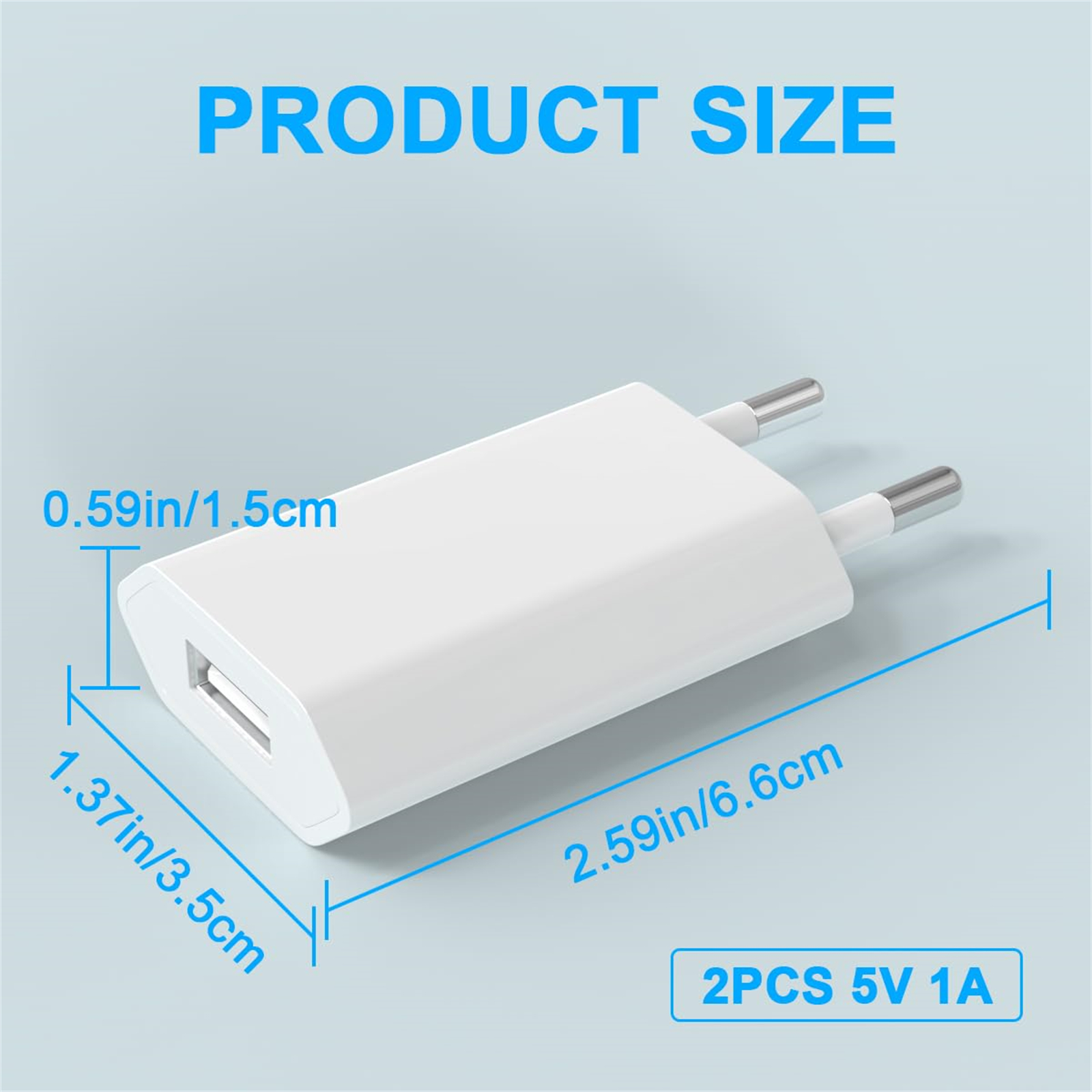 Weißes Ladegerät mit zwei Stiften. Messungen werden angezeigt: 0,59 Zoll/1,5 cm, 1,37 Zoll/3,5 cm und 2,59 Zoll/6,6 cm. Text: 2PCS 5V 1A