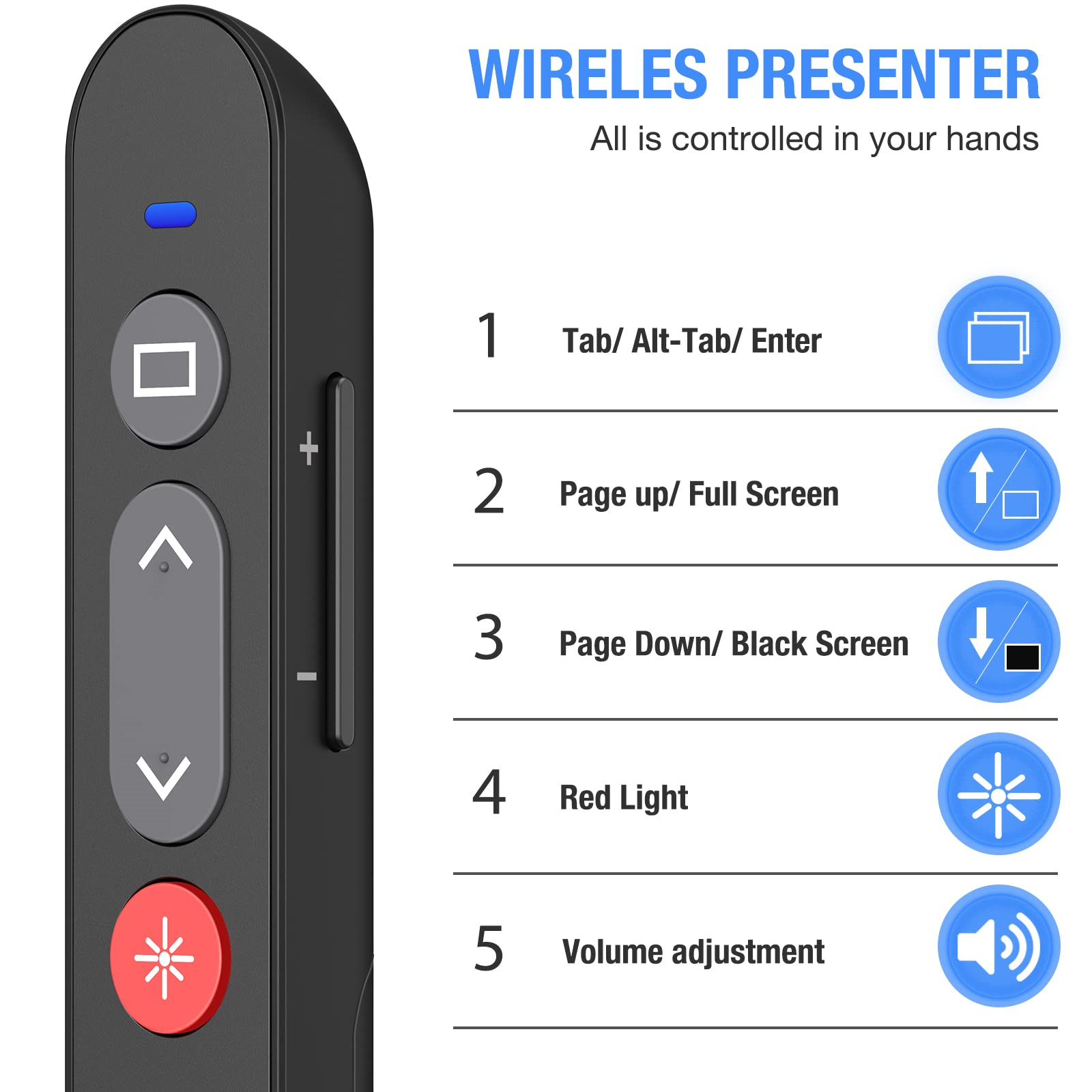 Nahaufnahme eines kabellosen Presenters. Beschriftete Tasten: Tab, Seite hoch, Seite runter, rotes Licht.