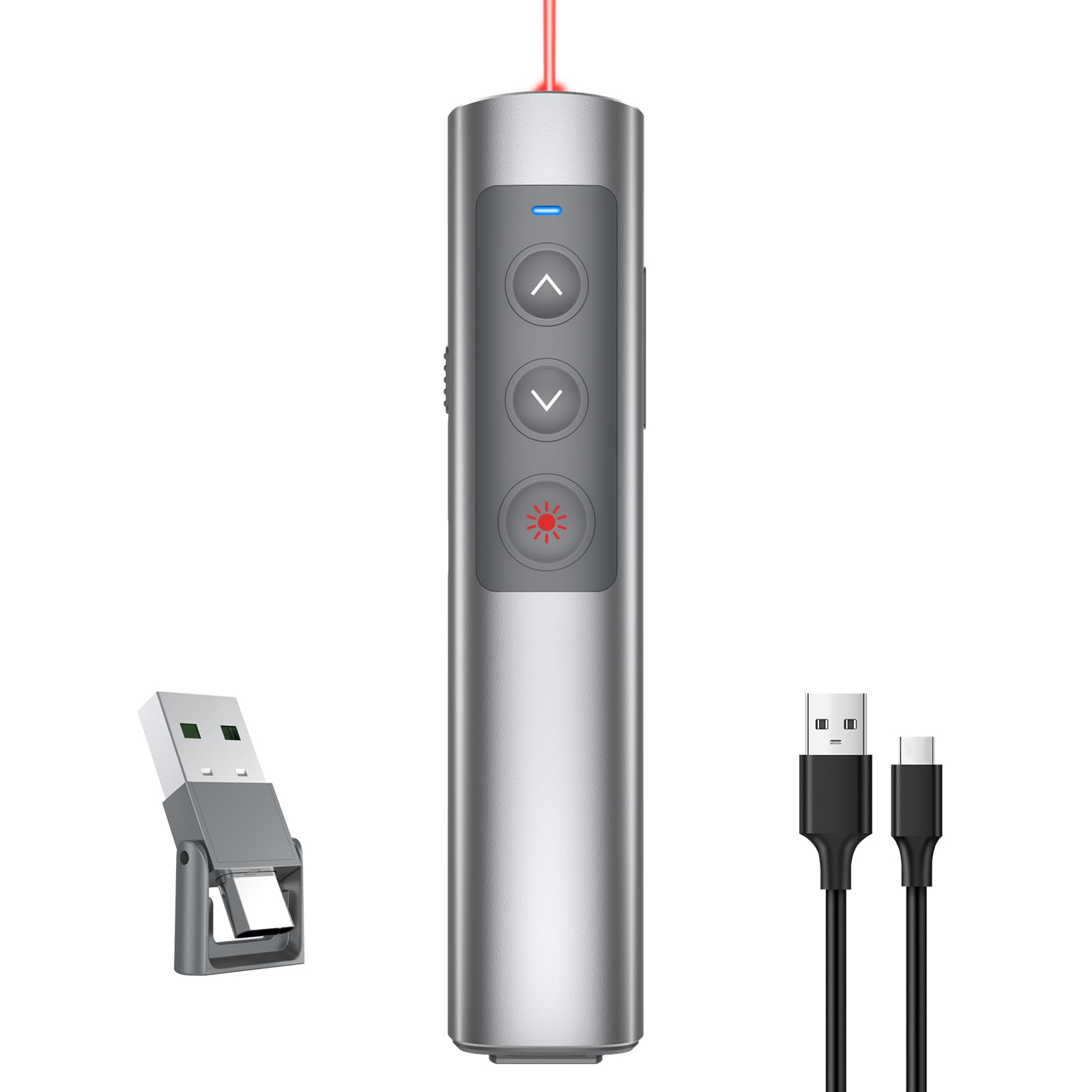 Eine silberne Präsentationsfernbedienung mit USB- und USB-C-Kabeln und einem USB-Adapter.