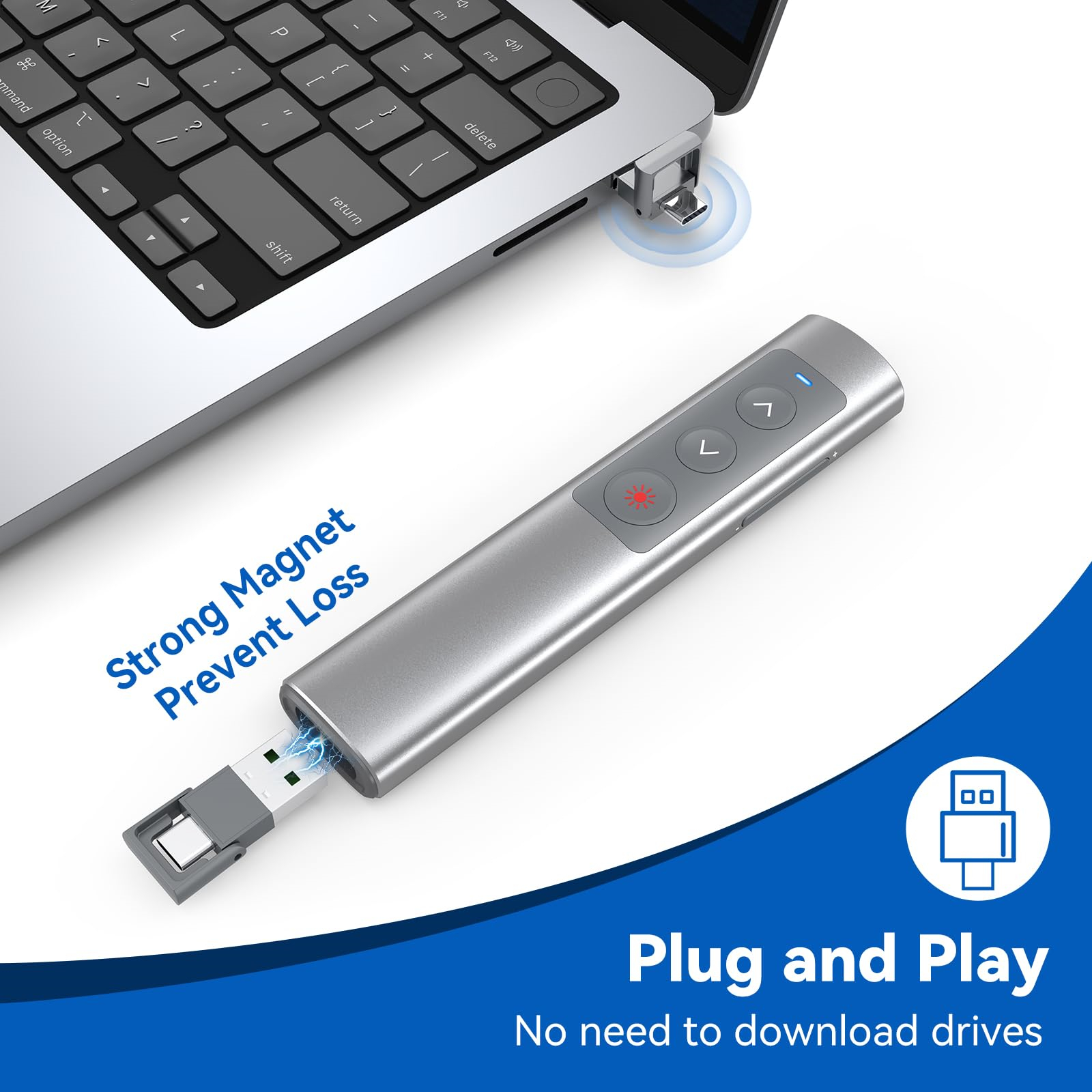 Präsentationsfernbedienung, die mit einem Laptop verbunden ist. Text: Starker Magnet verhindert Verlust und Plug and Play.