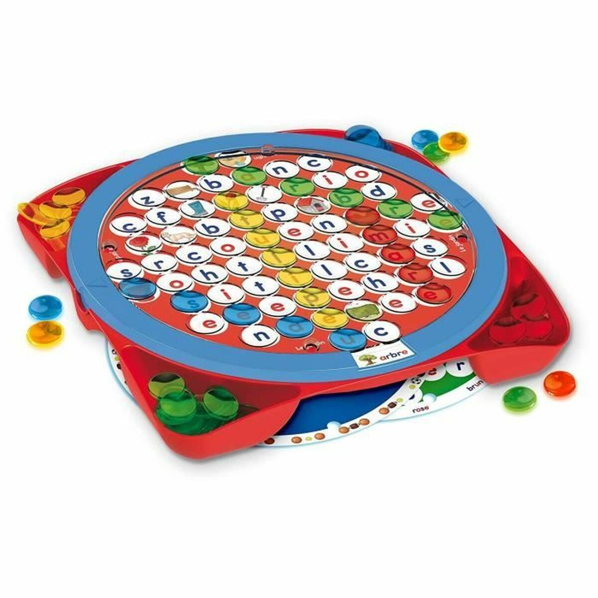 Ein buntes Brettspiel mit Buchstaben und farbigen Scheiben. Rotes und blaues Spielbrett mit farbigen Teilen.
