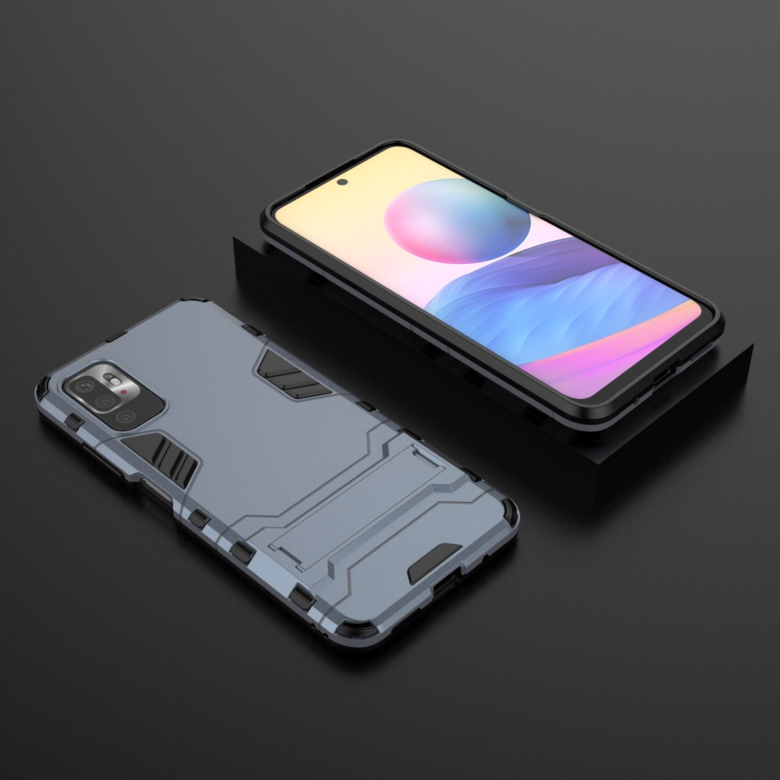 Teléfono y funda sobre una superficie oscura. El teléfono muestra una pantalla colorida.