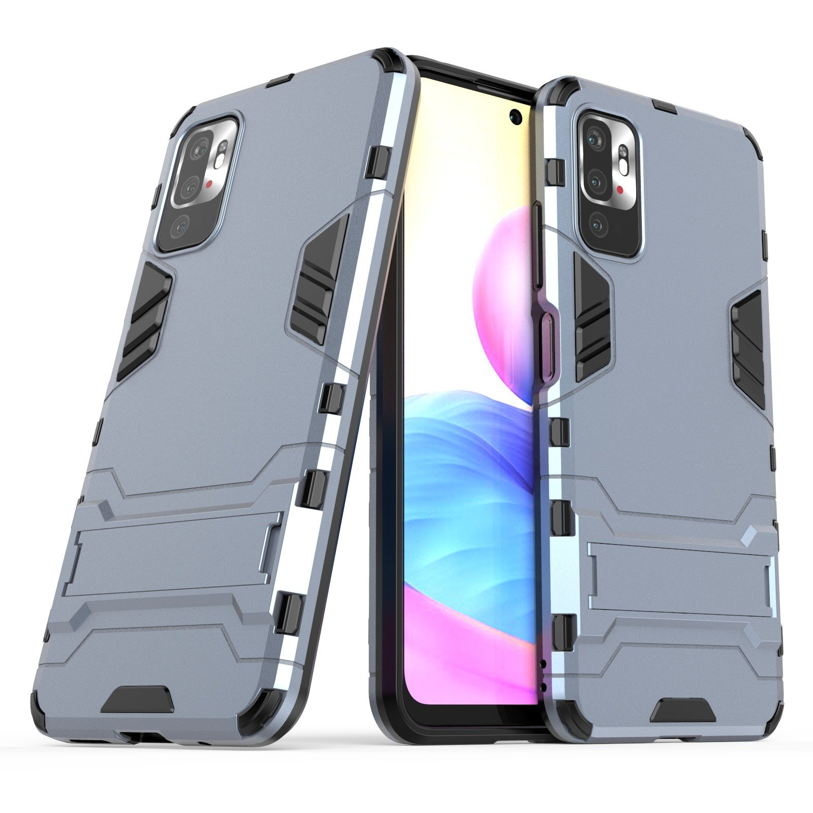 Fundas de teléfono grises, cubiertas protectoras de pie para mostrar un teléfono en el medio.