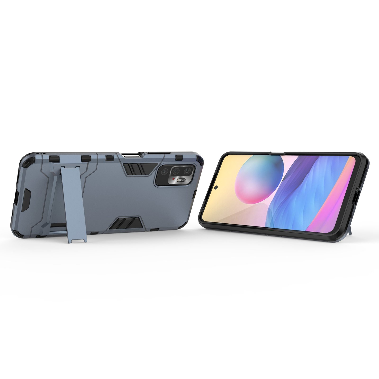 Un teléfono en una funda, con un soporte. El teléfono y la funda son grises. Otro teléfono está a la derecha.