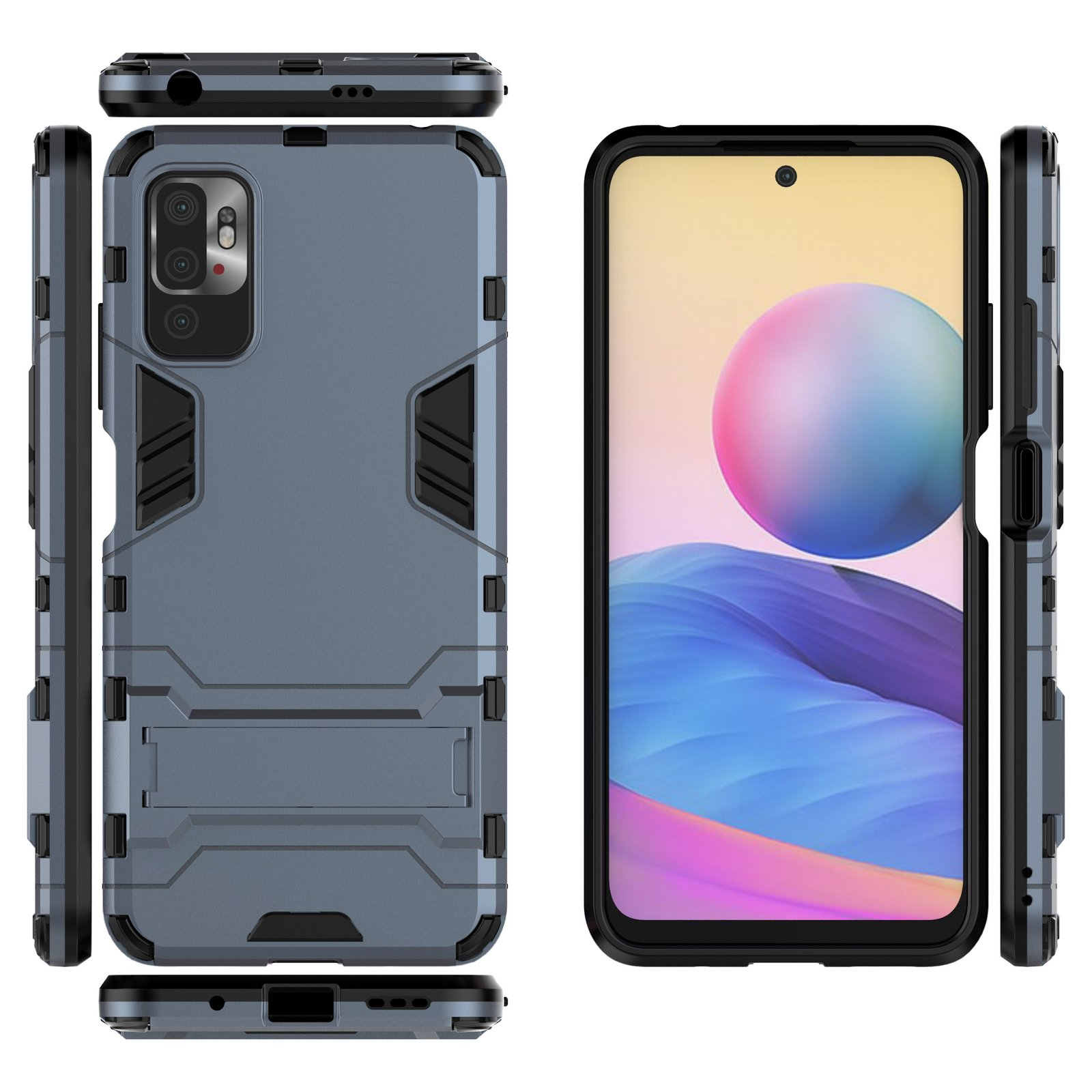 Se muestran un teléfono y una funda. Ambos son azules y tienen un diseño resistente.