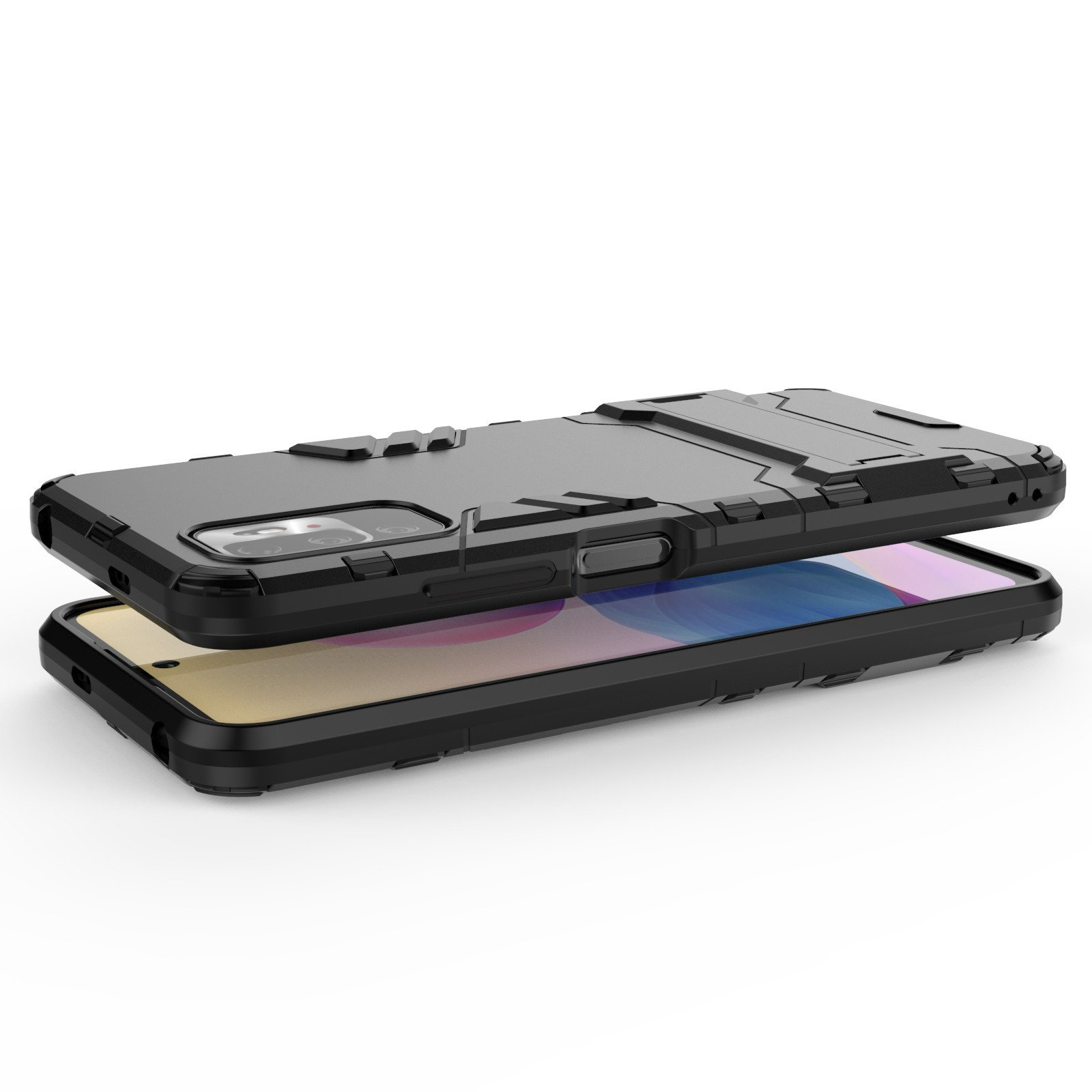 Funda negra para teléfono con un teléfono dentro. La funda está encima del teléfono, mostrando los bordes y el estilo.