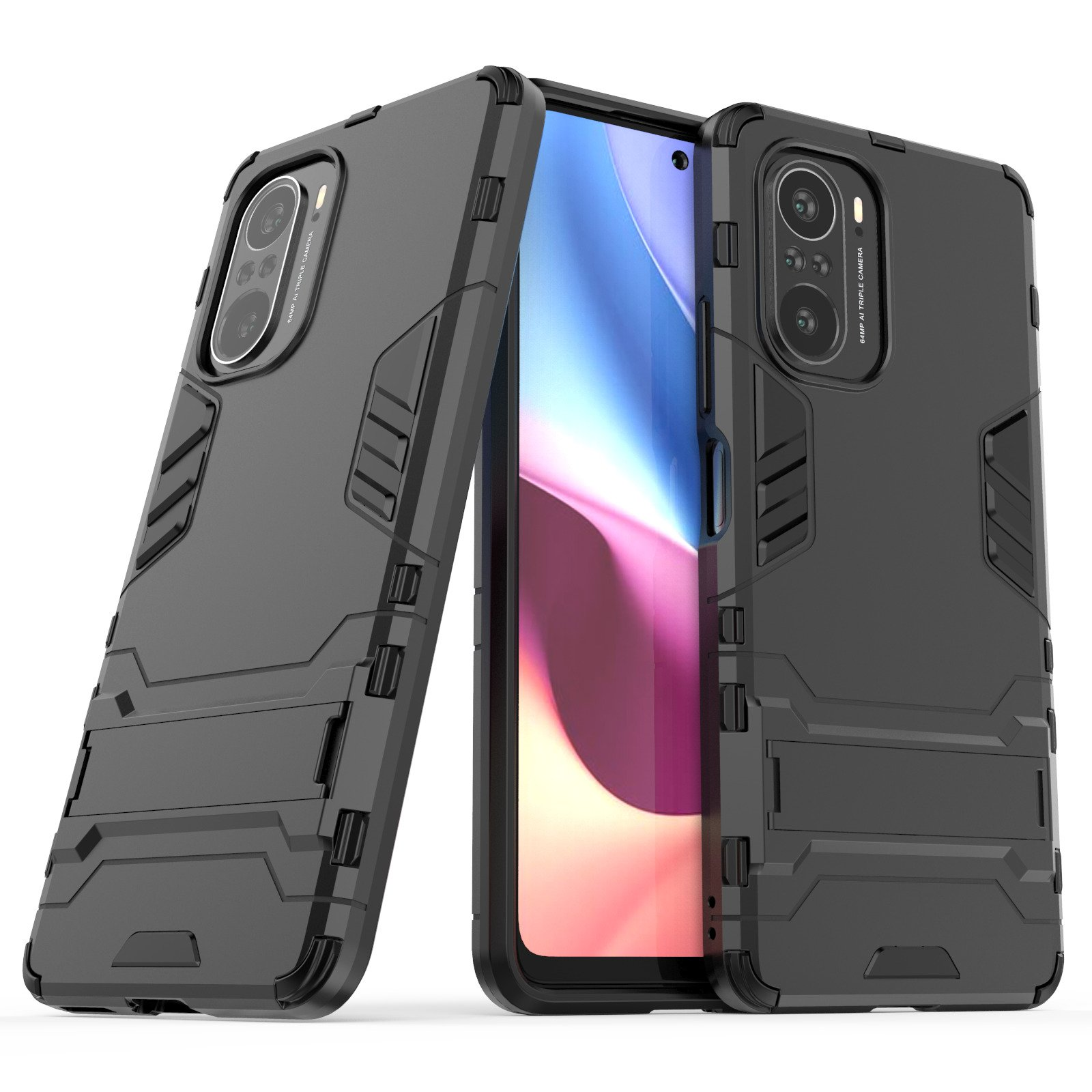 Un teléfono en una funda protectora se muestra en vista de cerca. El teléfono es negro.