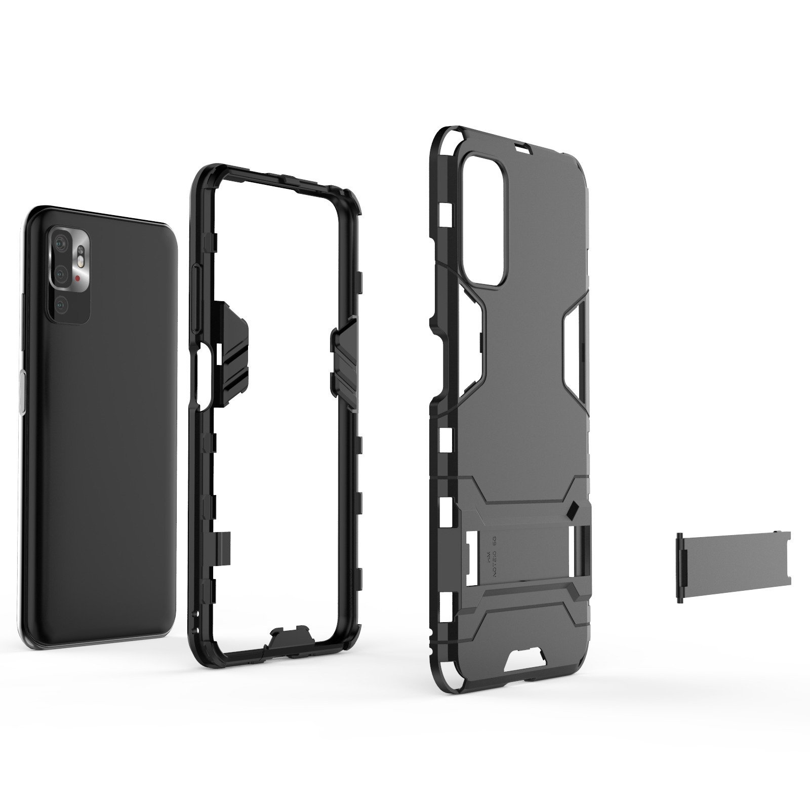 Componentes de la funda del teléfono, desmontados. El teléfono es negro. Componentes en negro y gris.