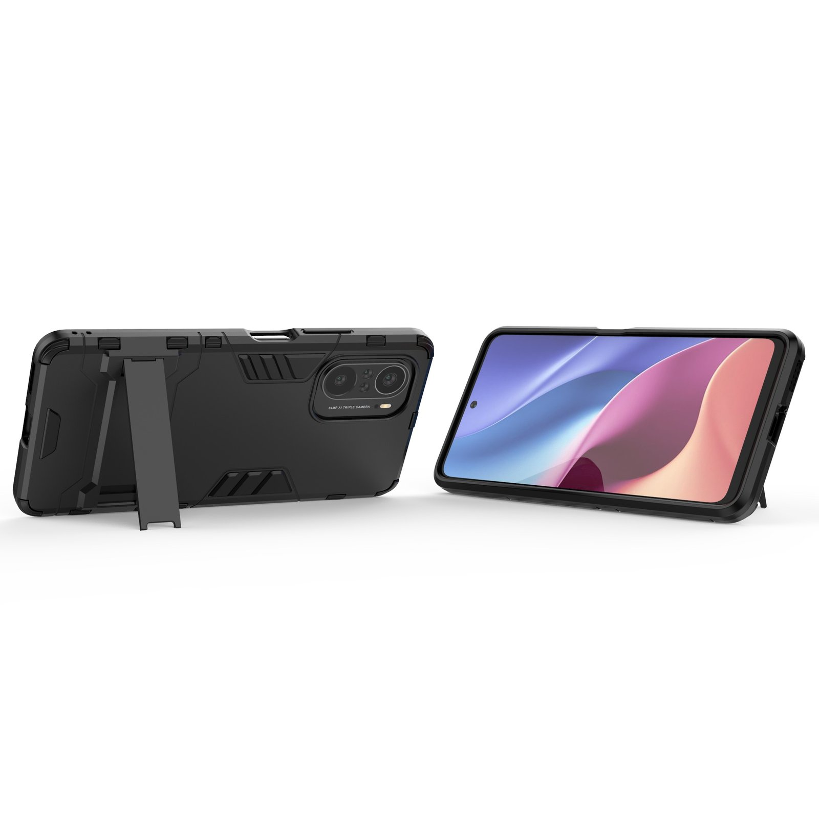 Funda negra para teléfono con soporte. El teléfono está en la funda y tiene una pantalla. La funda es negra.