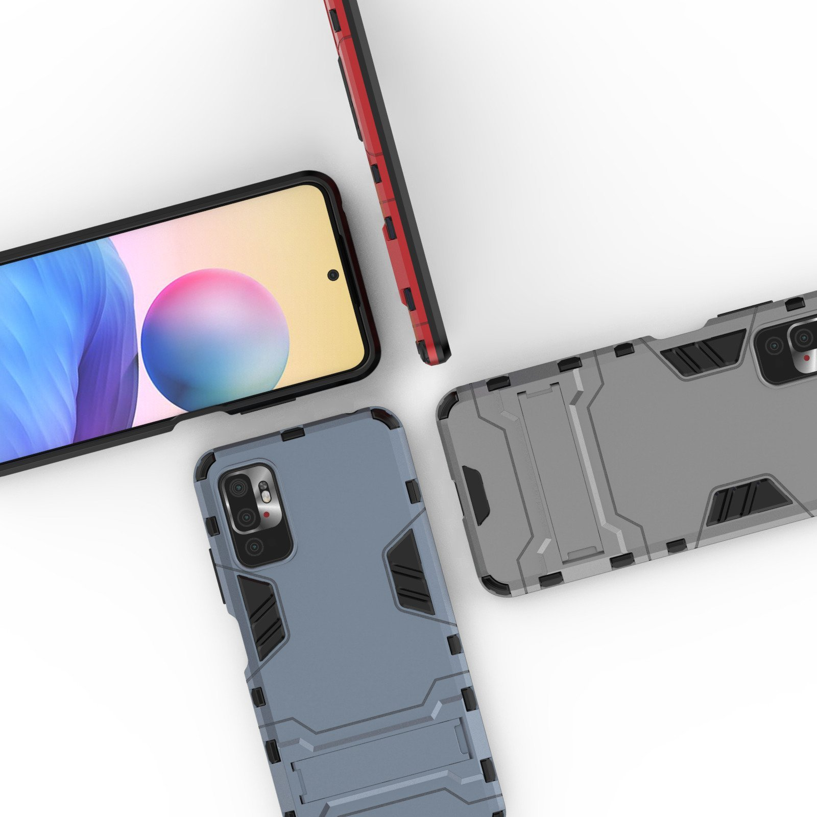 Teléfono y funda sobre una superficie blanca. El teléfono tiene una pantalla colorida.