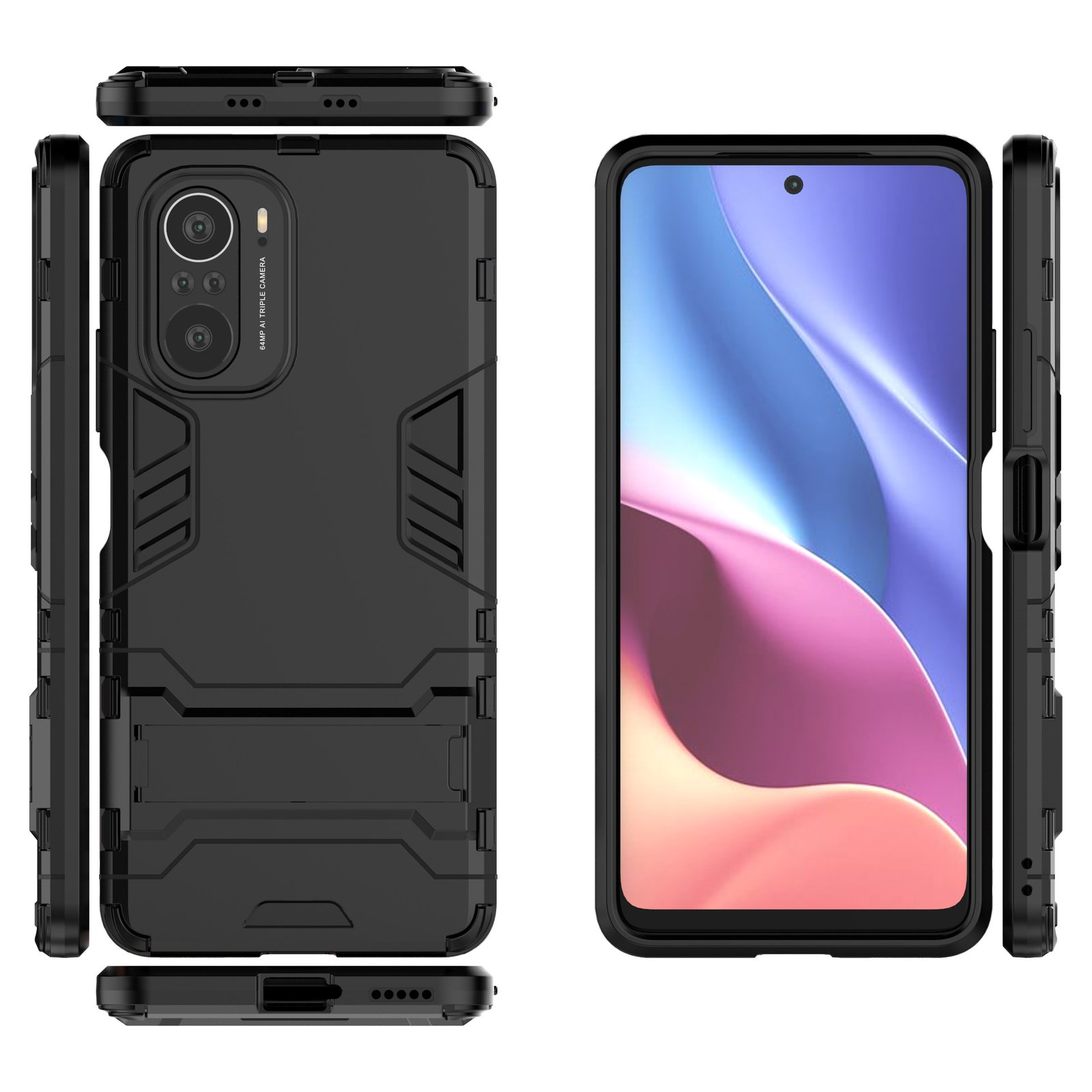 Funda de teléfono negra en partes. La funda es resistente y tiene un soporte. El teléfono es negro.