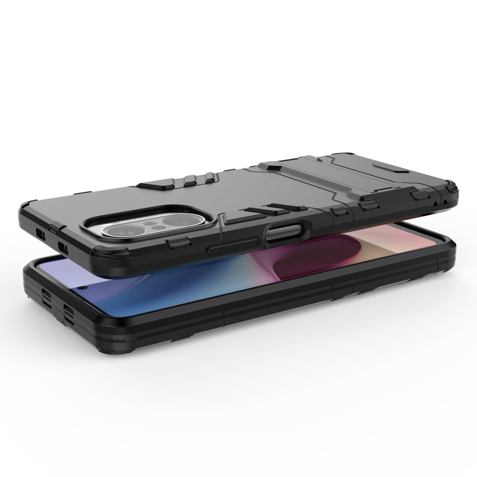 Funda negra para teléfono con el teléfono dentro. La funda está encima, mostrando la pantalla del teléfono. La funda es negra.
