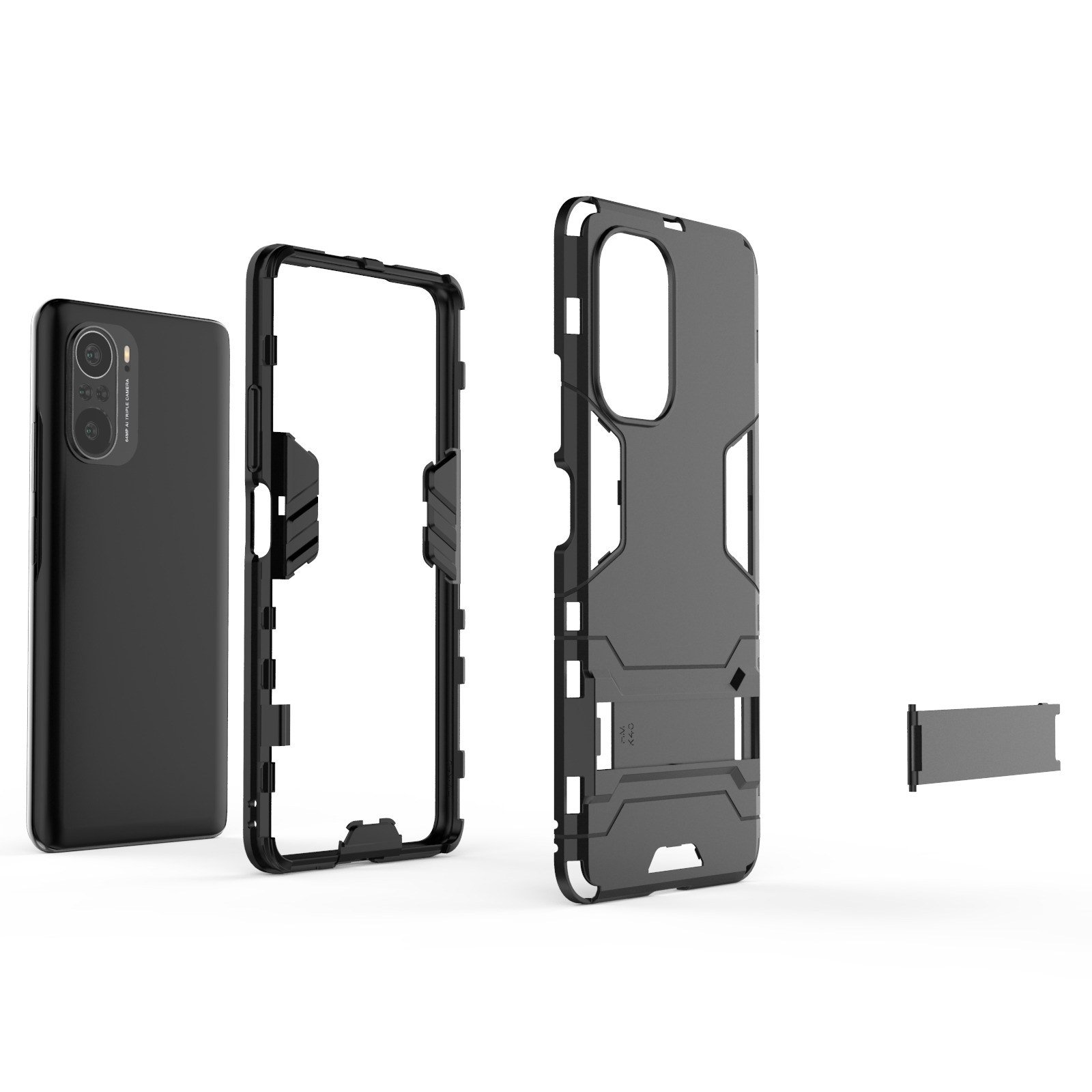 Componentes de la funda del teléfono desmontados. Un teléfono y marco, con partes de la funda protectora.