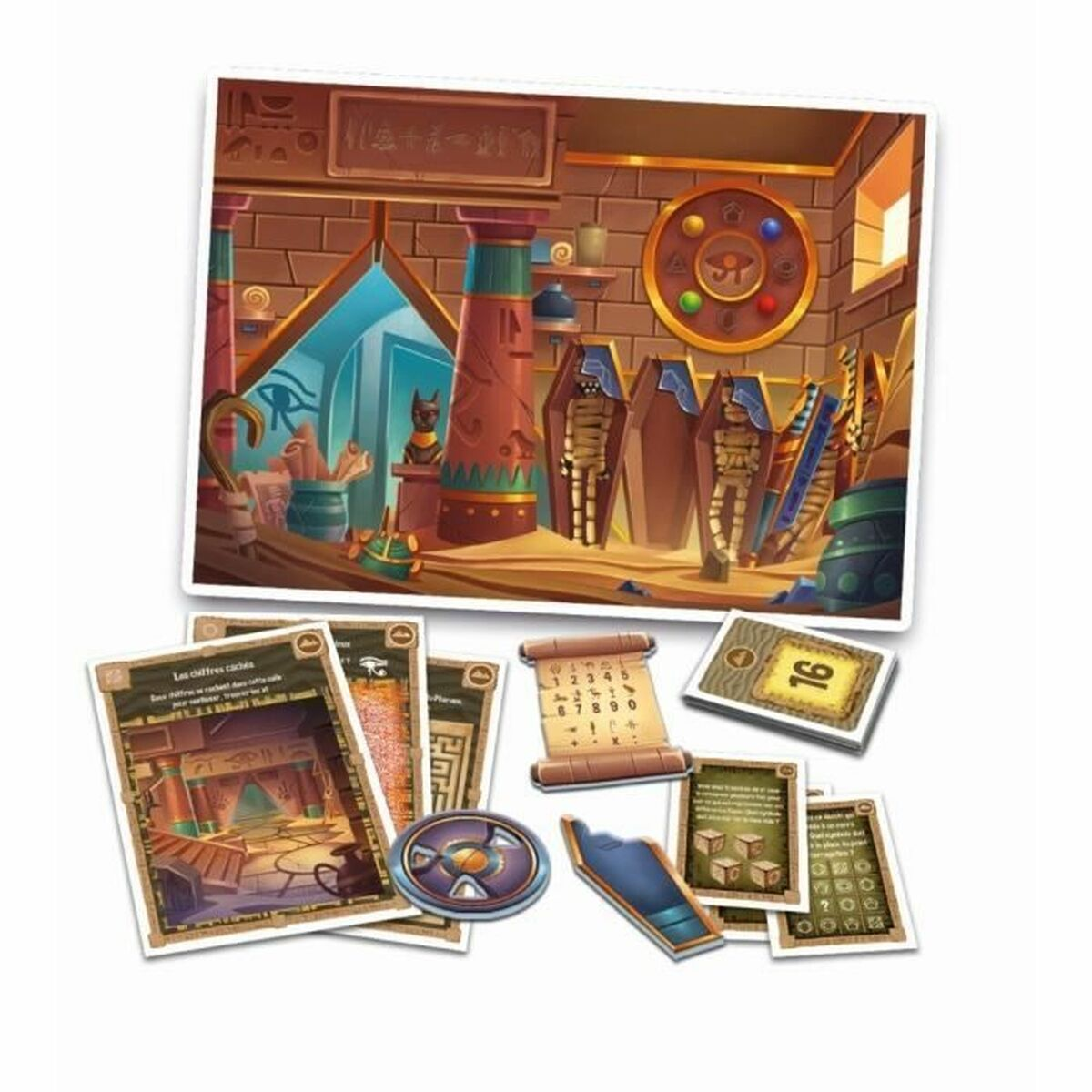 Ein Brettspiel mit Karten und einem Spielbrett, das eine altägyptische Grabstätte zeigt.