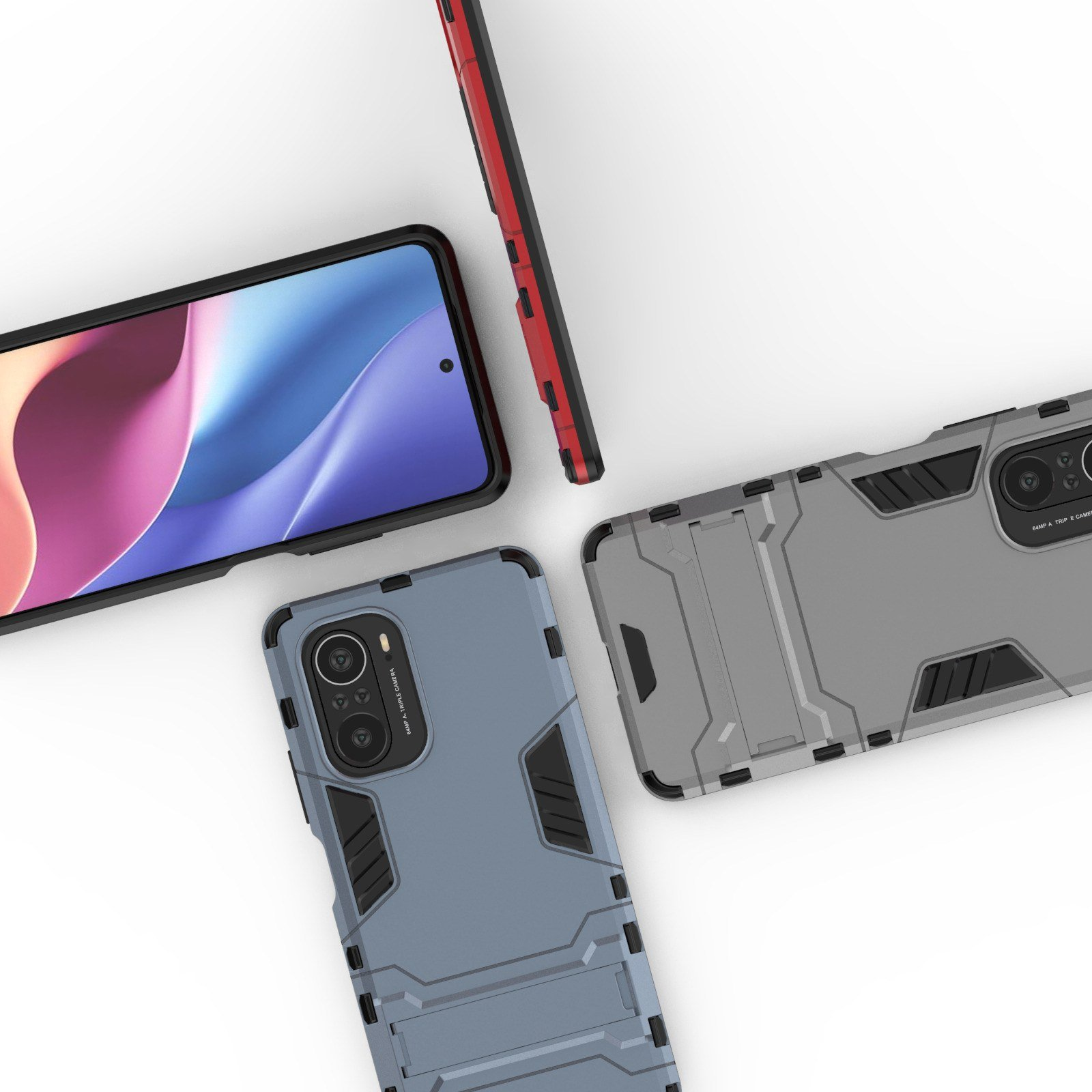 Fundas de teléfono con diferentes colores y diseños, dispuestas sobre una superficie blanca desde arriba.