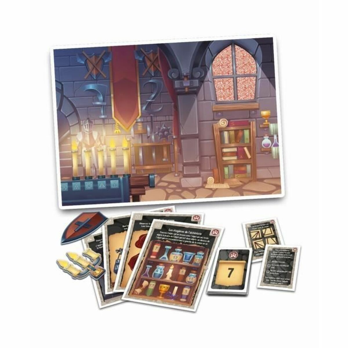 Ein Brettspiel mit Karten und einem Spielbrett, das einen mittelalterlichen Burginnenraum darstellt.
