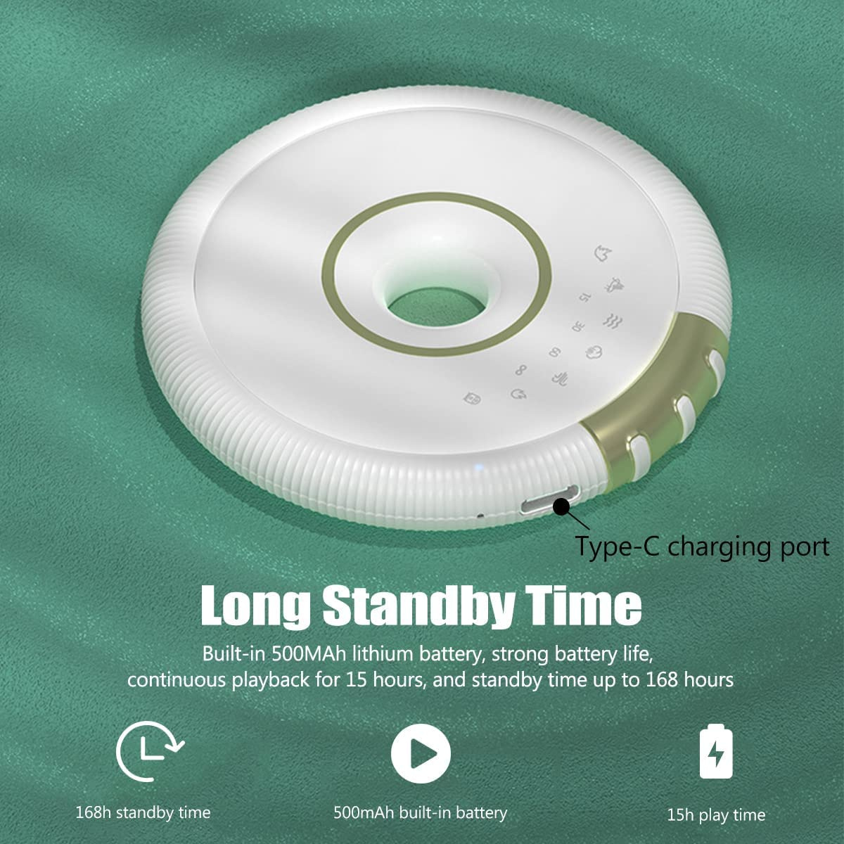 Ein weißes, donut-förmiges Gerät mit Knöpfen. Texte: 'Long Standby Time', '168h standby time' und '500mAh'.