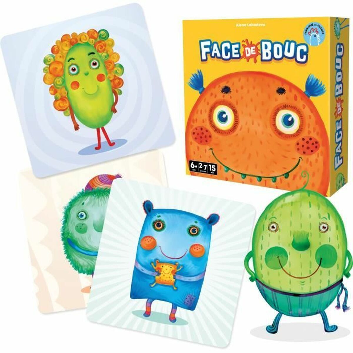 Karten mit Cartoon-Monstern, einer Box und dem Schriftzug "FACE DE BOUC". Weißer Hintergrund.