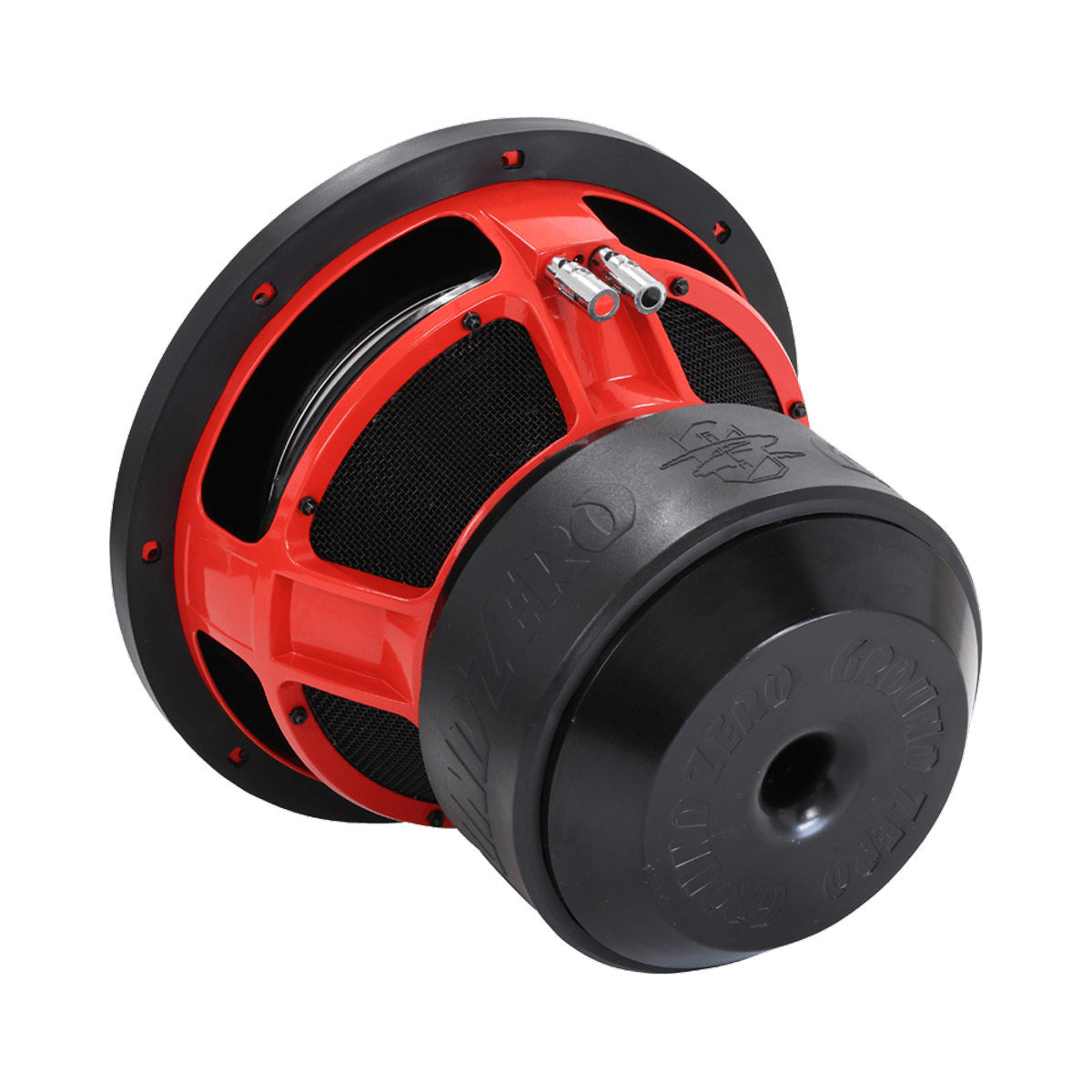 Roter und schwarzer Subwoofer. Der Lautsprecher ist von einem schwarzen Rahmen umgeben. Weißer Hintergrund.