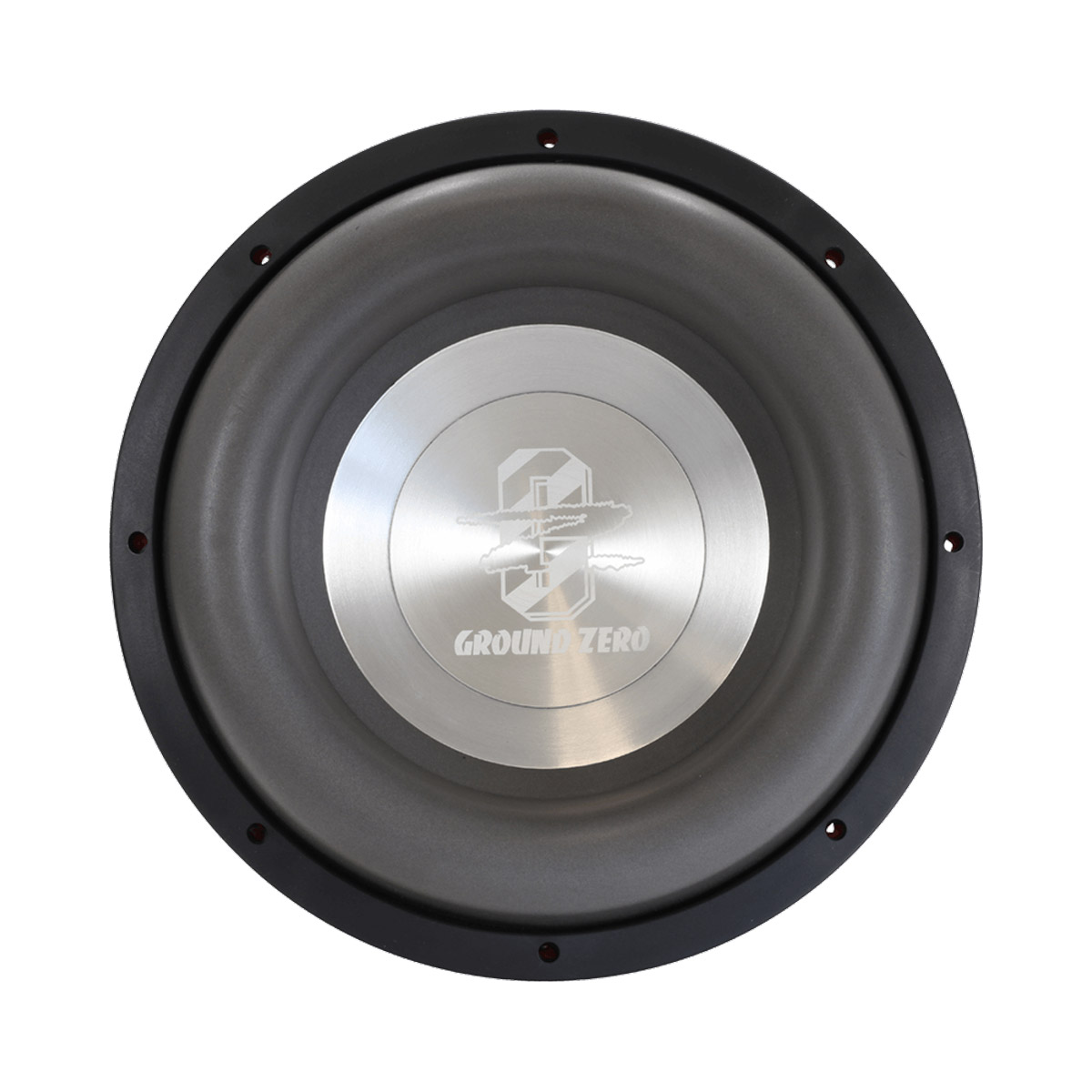 Ein Subwoofer-Lautsprecher, schwarzer Rahmen, silberne Mitte mit Logo und Text. Weißer Hintergrund.