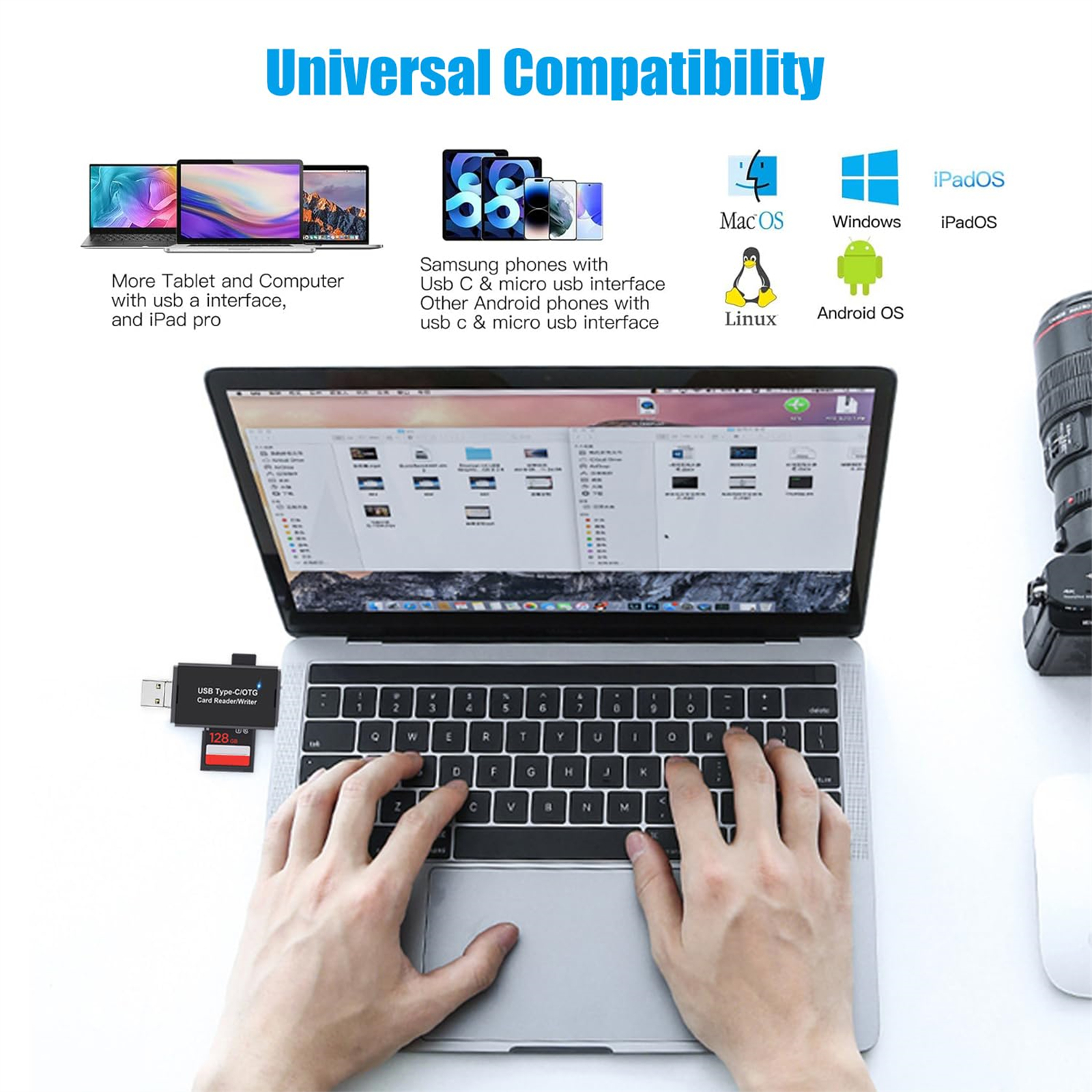 Ein Laptop, Tablet und Adapter liegen auf einem Tisch. Text wirbt für universelle Kompatibilität.