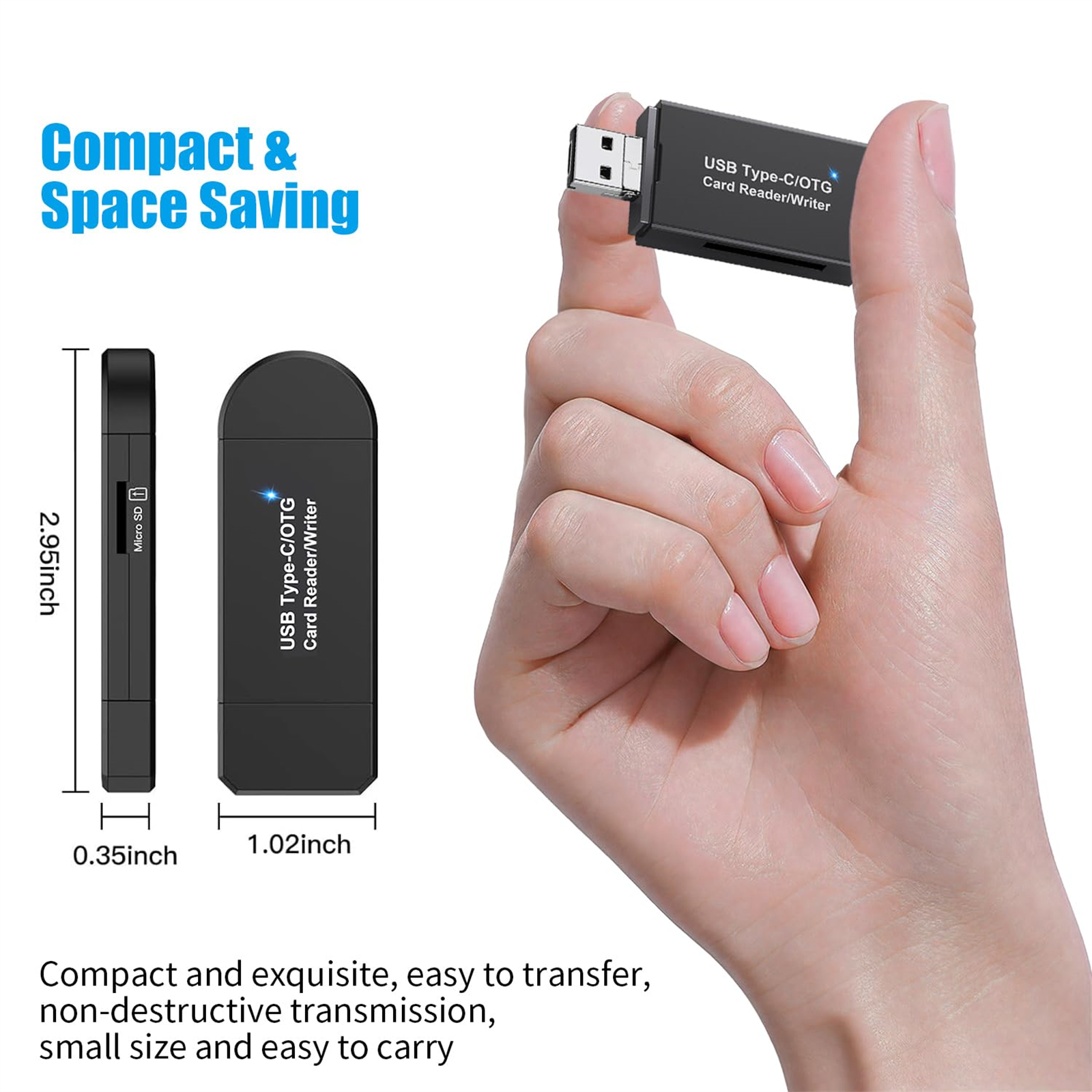 Eine Hand, die einen schwarzen USB-C-Kartenleser mit microSD-Karte hält, Abmessungen werden gezeigt.