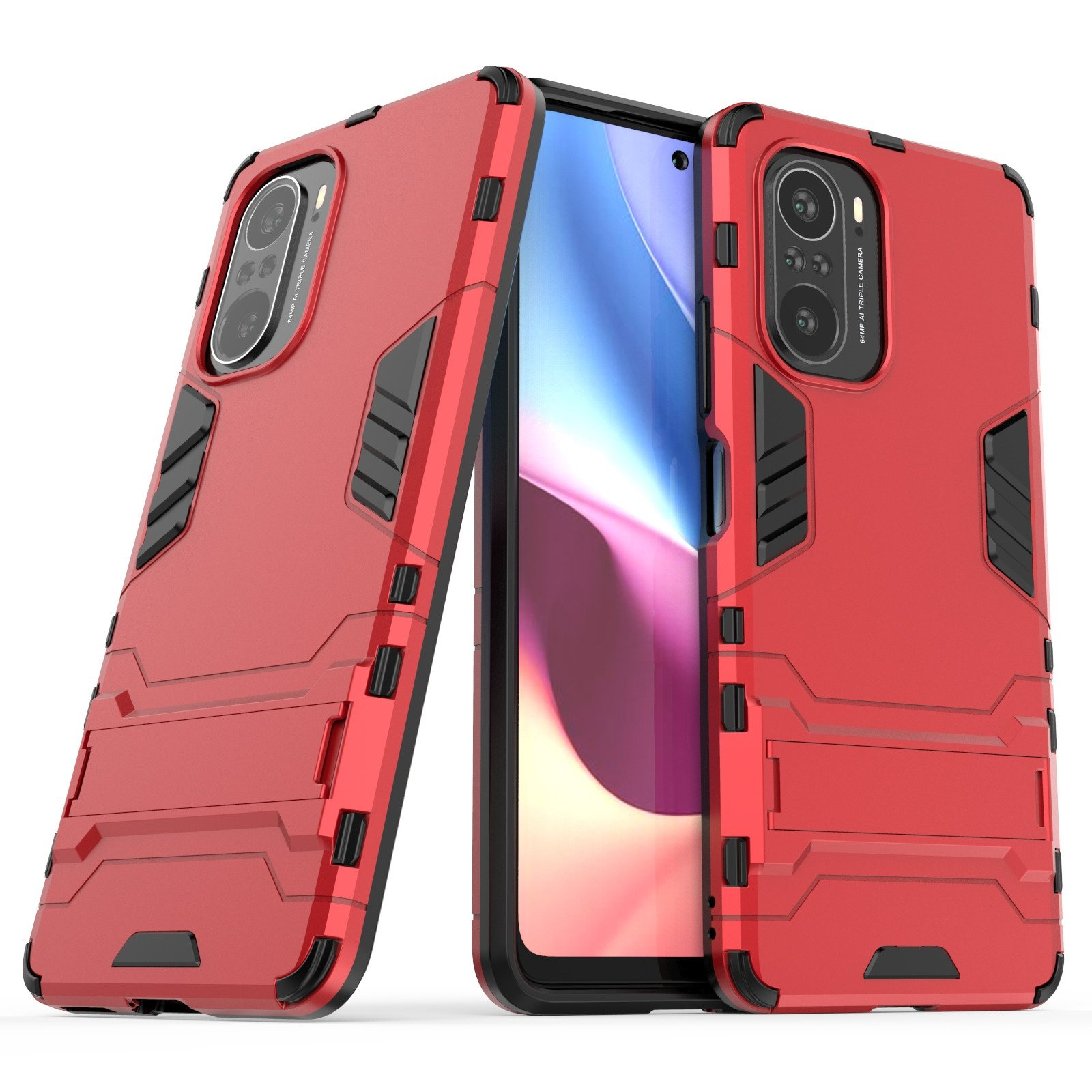 Funda roja y negra con teléfono dentro, en ángulo sobre fondo blanco, con soporte.