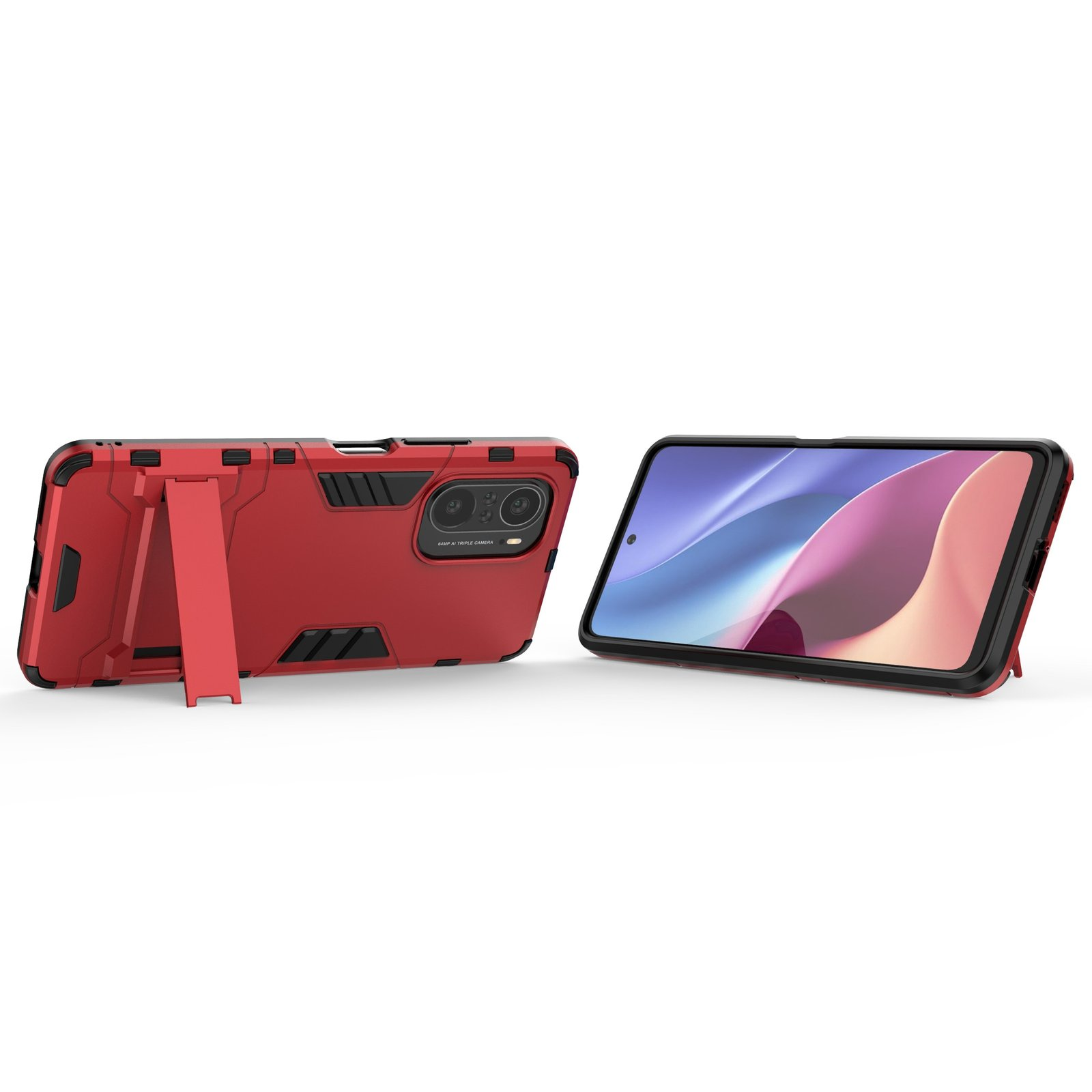 Funda roja para teléfono con soporte y pantalla visible.