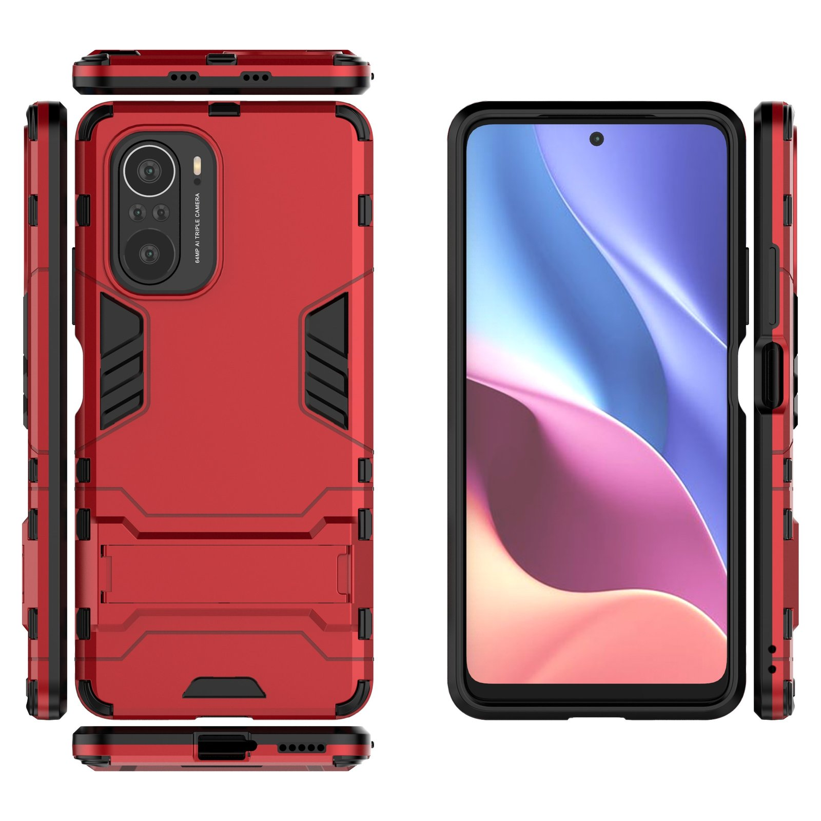 Funda roja para teléfono con marco negro, mostrando diferentes ángulos.