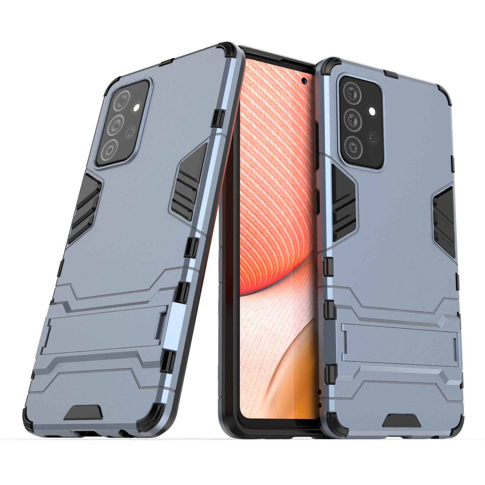 Una funda negra para teléfono con marco transparente, marco interior gris y soporte gris.