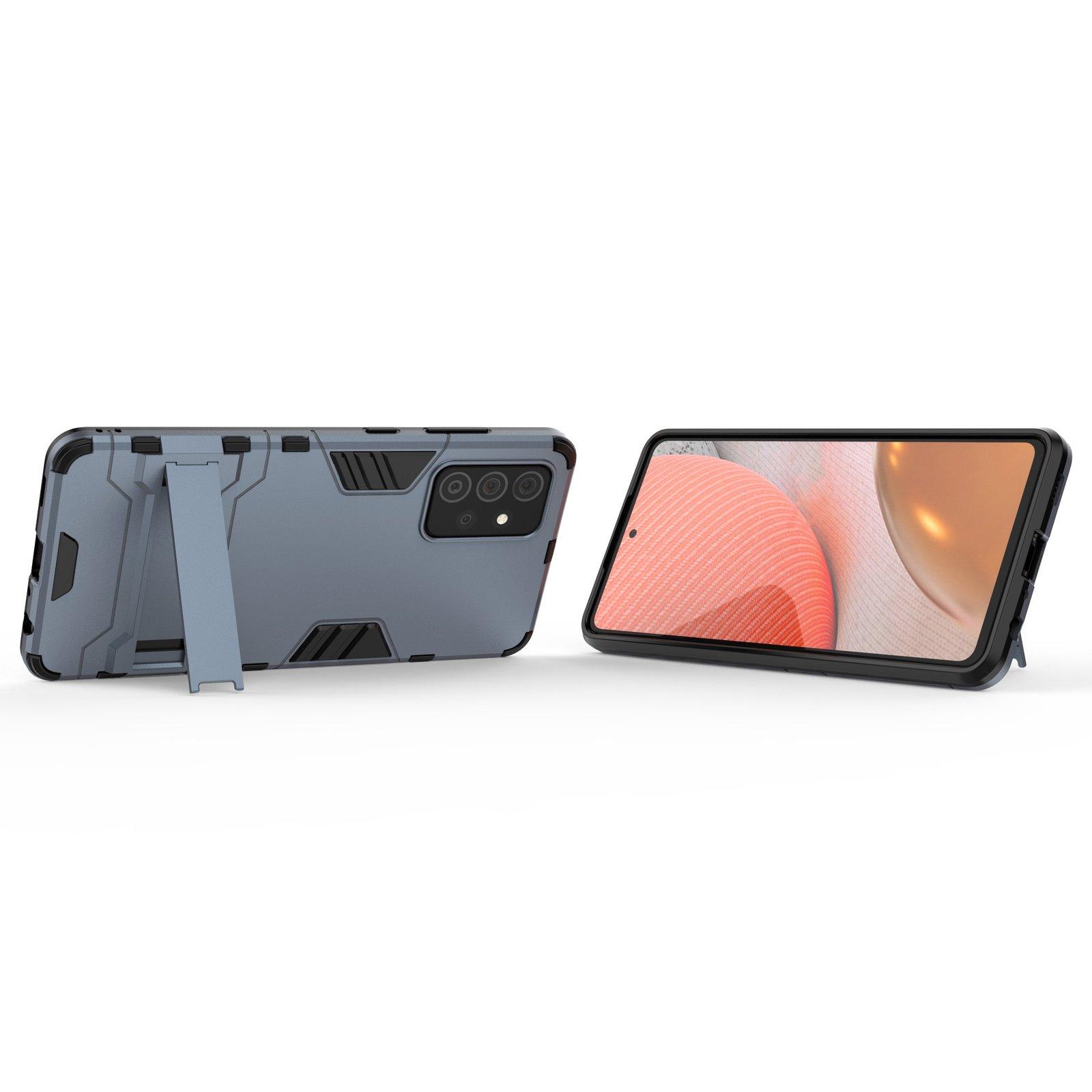 Funda de teléfono, azul grisáceo, con soporte. El teléfono muestra un diseño. Diseño angular con detalles negros.