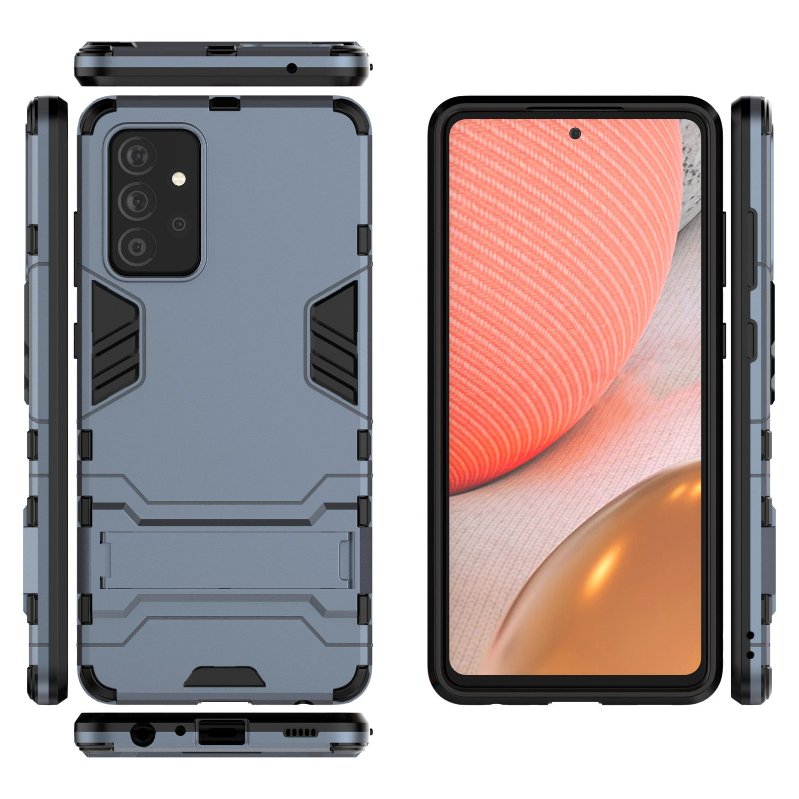 Funda de teléfono, azul grisáceo, con detalles negros, con soporte. El teléfono muestra un diseño colorido.