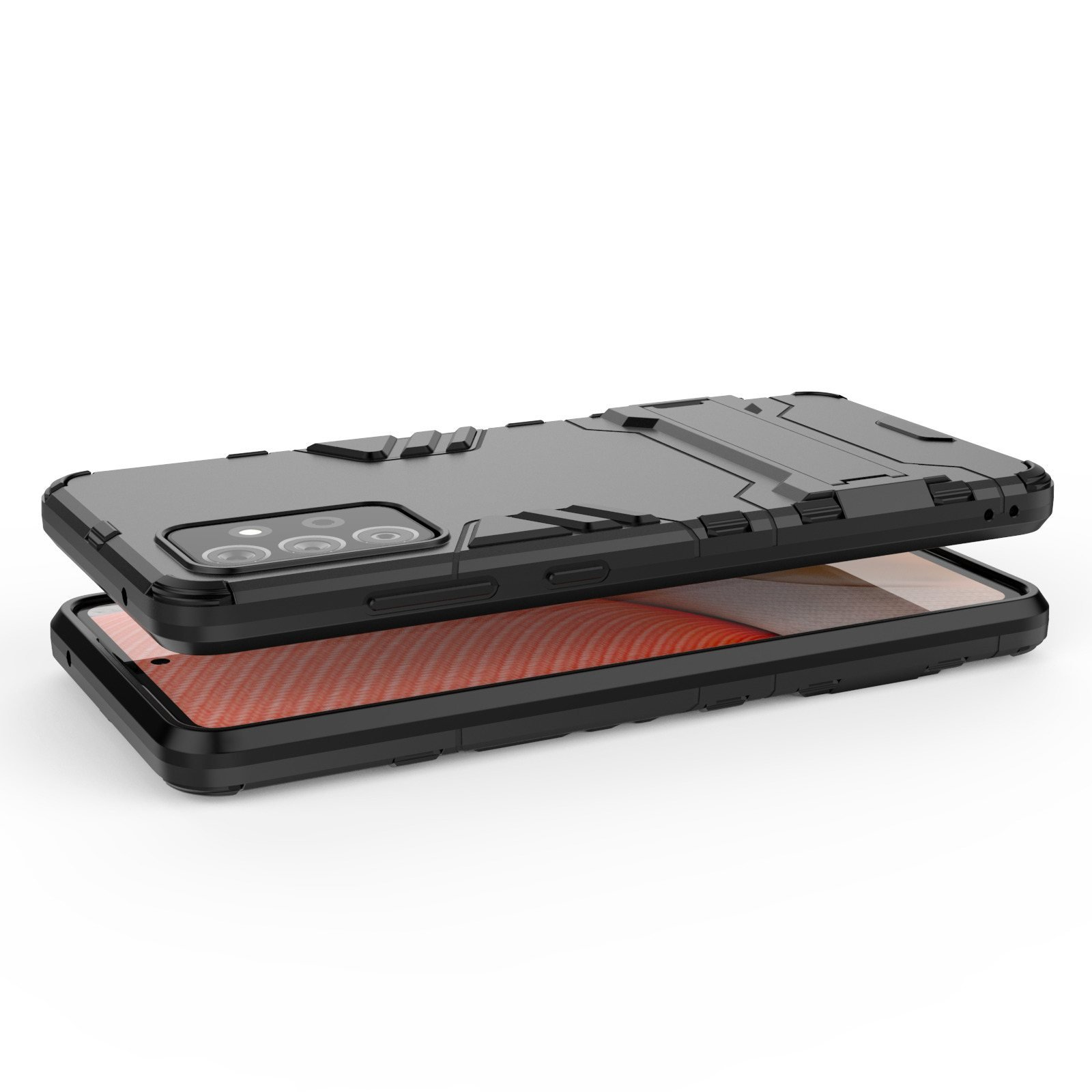 Funda de teléfono con teléfono dentro, negro y gris oscuro. Muestra una pantalla con un diseño.