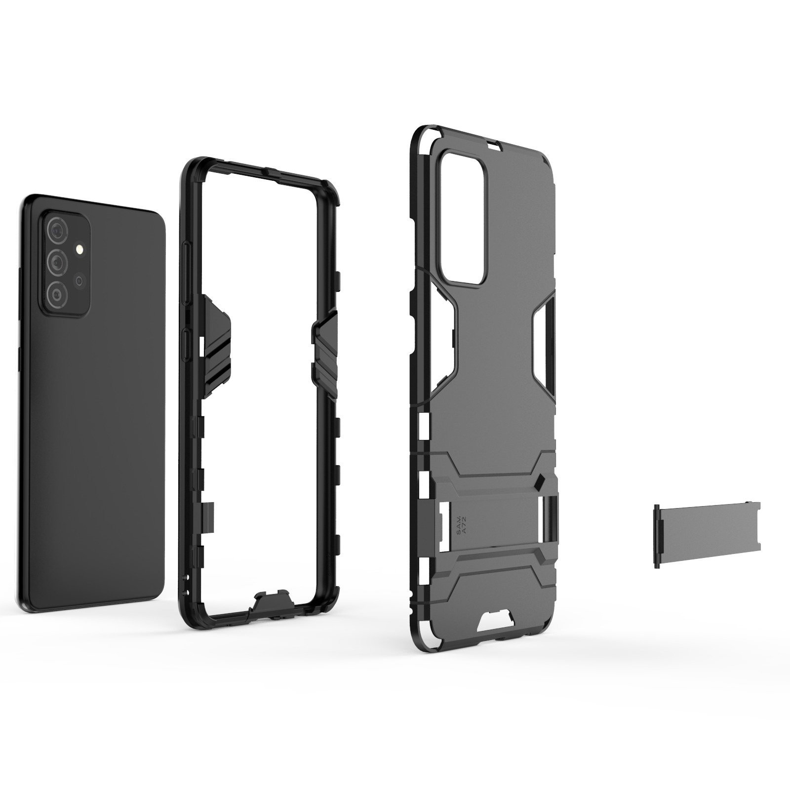 Teléfono negro y su funda protectora desmontada.