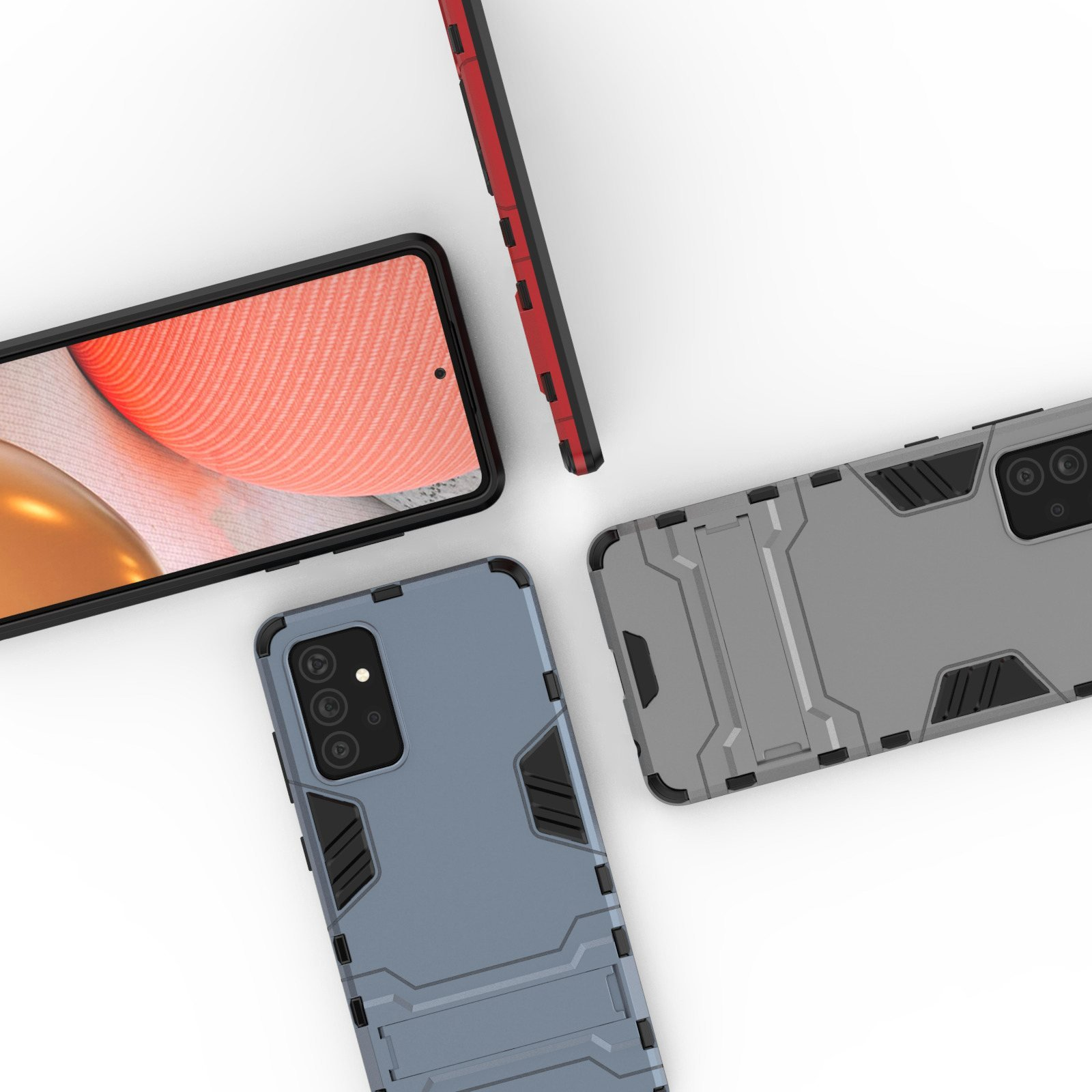Fundas de teléfono y una pantalla de teléfono. Fundas grises y azules con detalles negros. Funda roja arriba.
