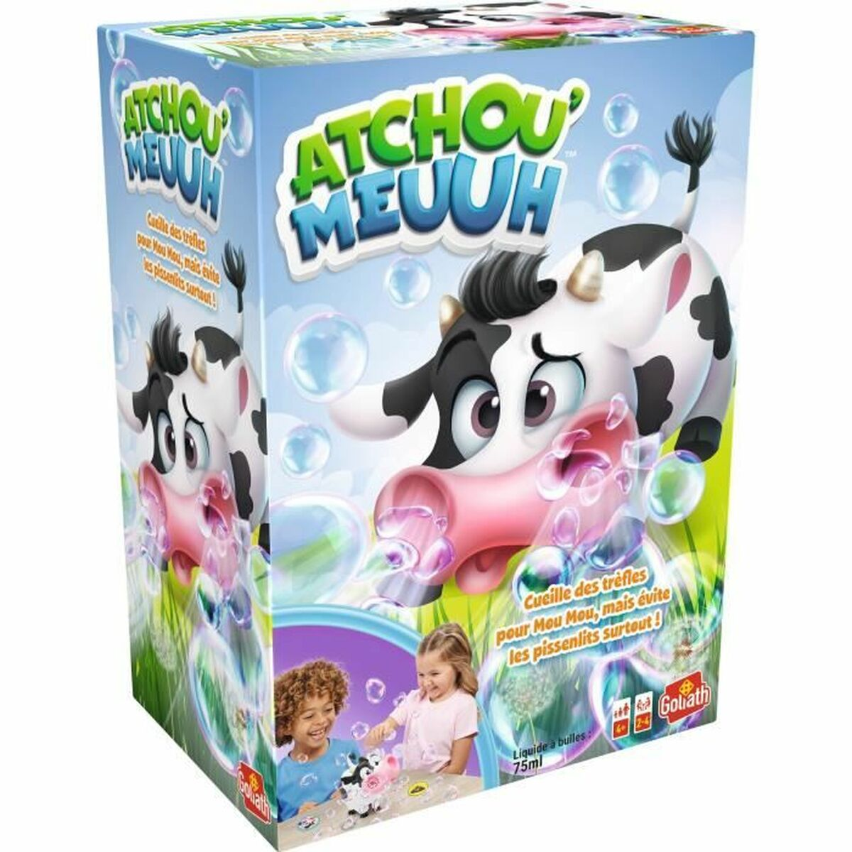 Schachtel mit Cartoon-Kuh, die Blasen bläst. Zwei Kinder spielen damit. Weißer Hintergrund.